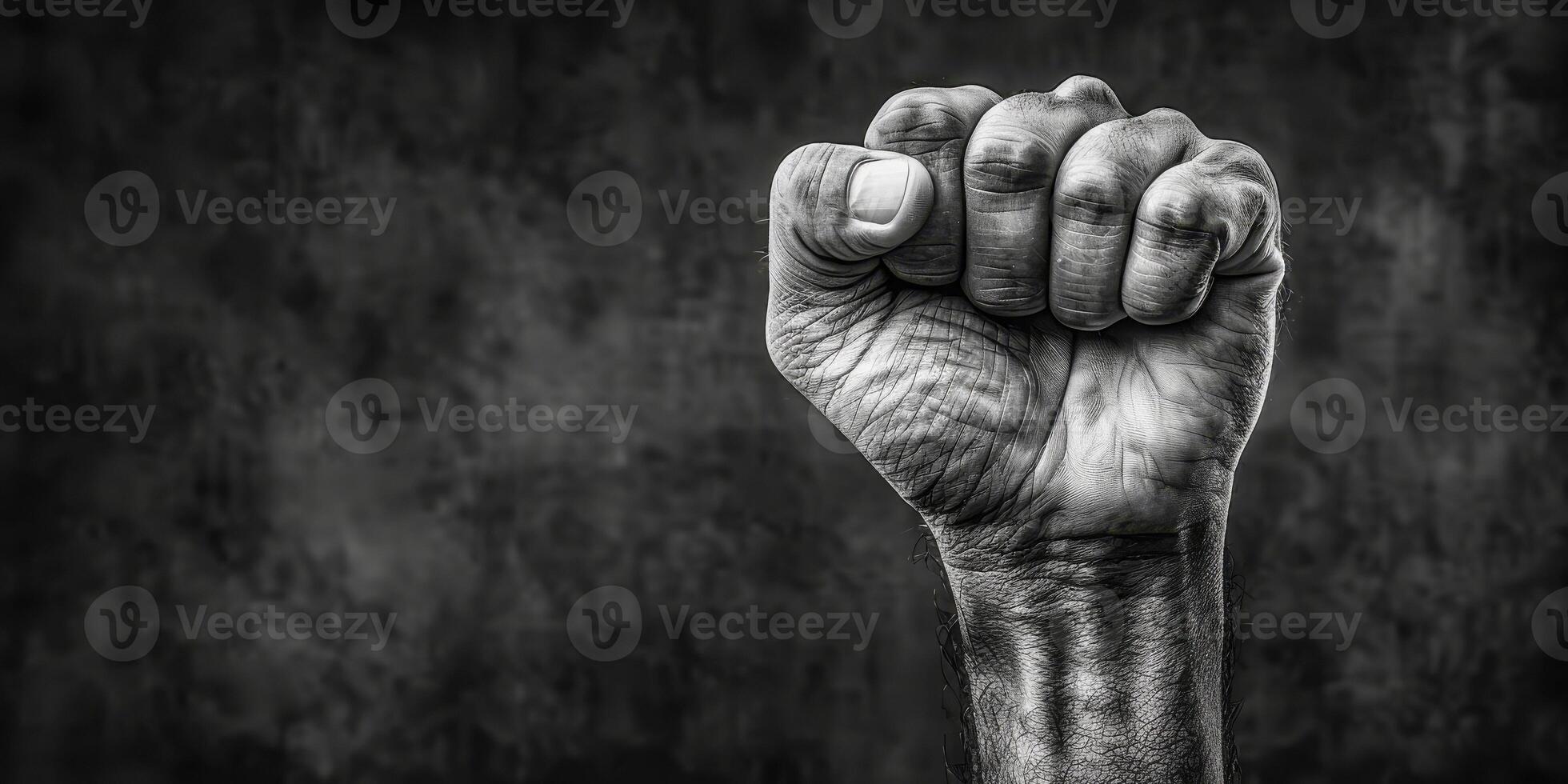 AI generated This black and white photo captures a powerful fist clenched tightly. The contrast between light and dark highlights the strength and determination conveyed by the clenched hand