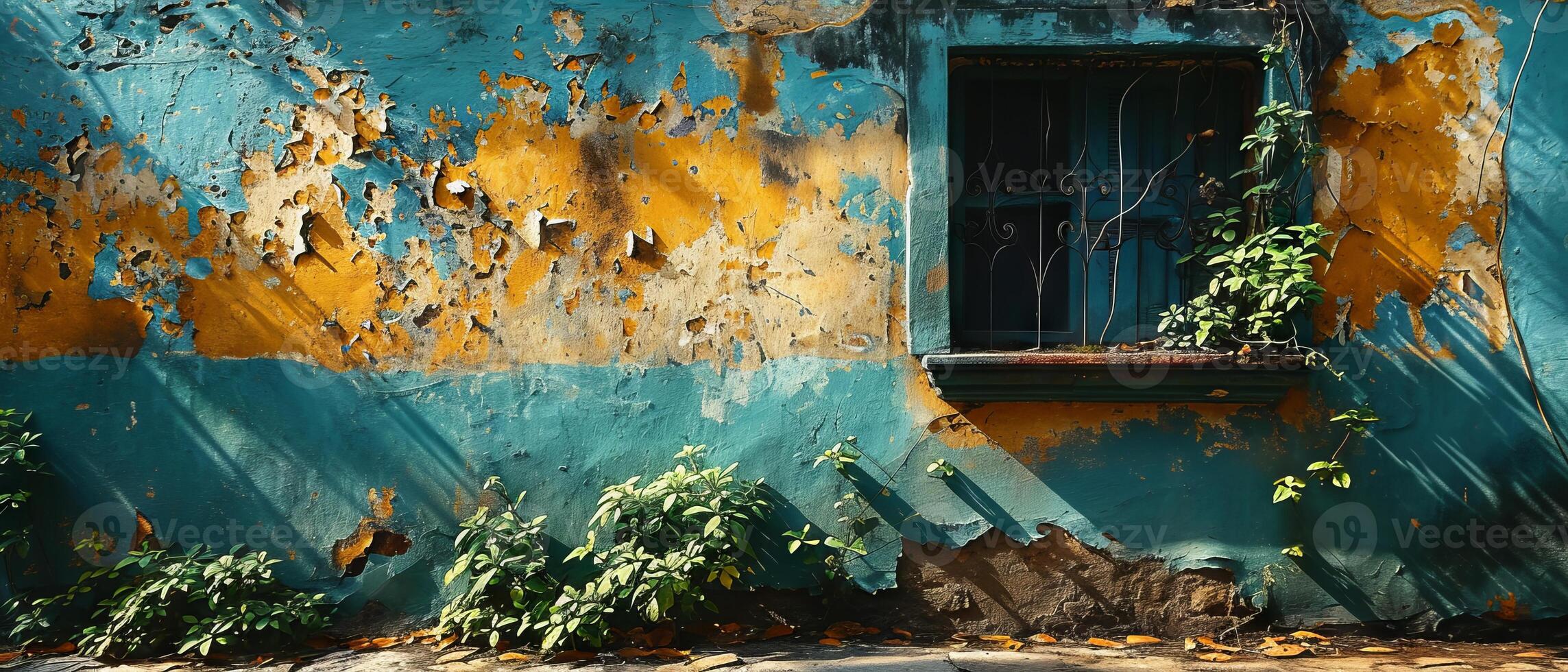 AI generated The textured facade of a blue and yellow wall with peeling paint, overgrown with plants casting shadows in the sunlight photo