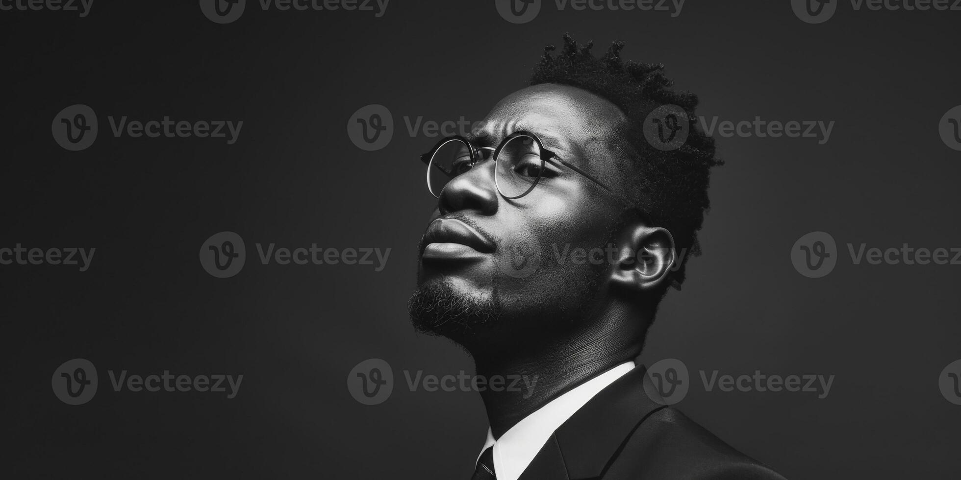 AI generated A black man exuding confidence, dressed in a suit and tie. He appears professional and ready for business, showcasing his attire in an urban environment photo