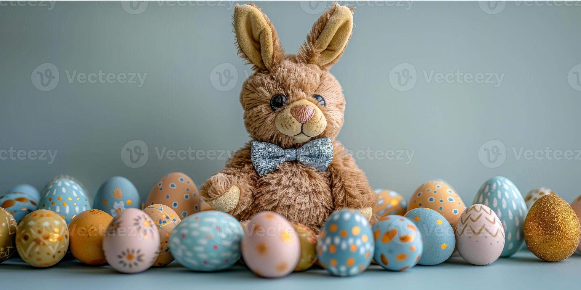 AI generated A photo featuring a plush brown bunny toy with long ears sitting in front of a row of colorful painted eggs. The bunny appears cute and fluffy against the vibrant backdrop of the eggs