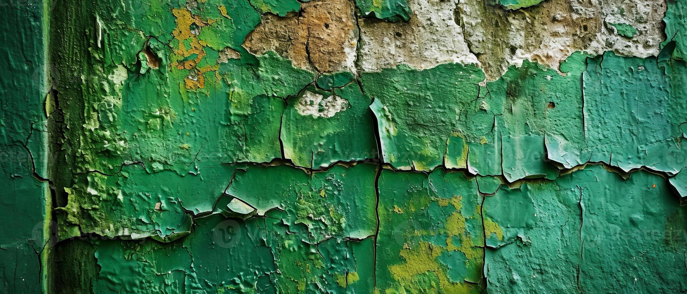 AI generated Close-up image of cracked and peeling green paint revealing the textured concrete surface beneath photo