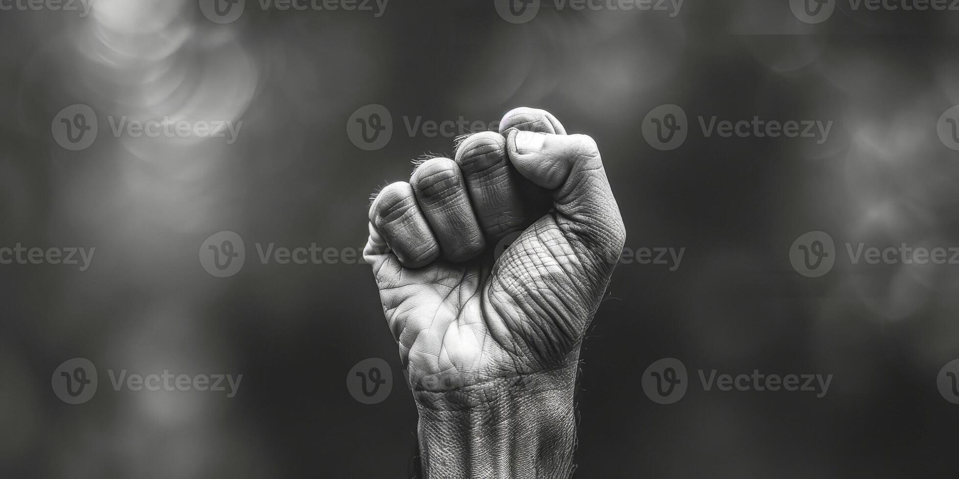 AI generated This black and white photo captures a person raising their fist in a powerful gesture. The image conveys strength, determination, and defiance