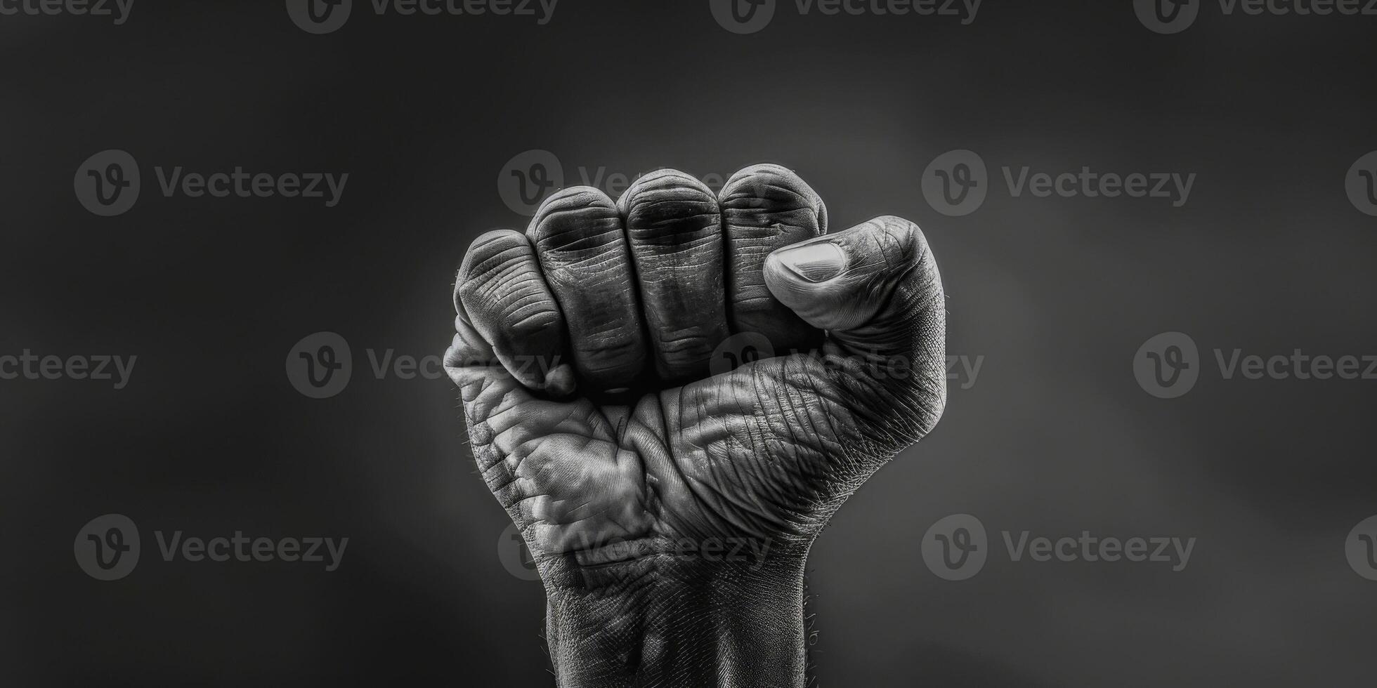 AI generated This black and white photo captures a person raising their fist in a powerful gesture. The image conveys strength, determination, and defiance