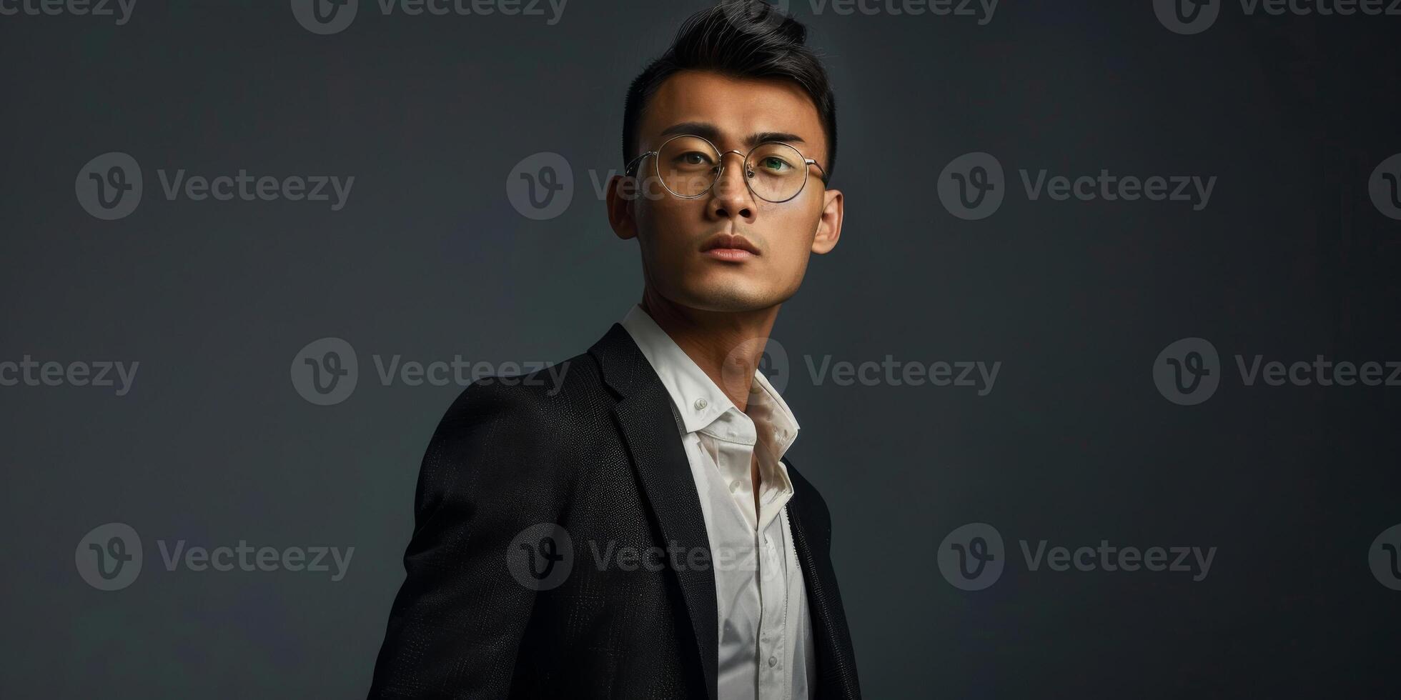 AI generated A professional Asian man wearing a sleek suit, tie, and glasses, exuding confidence and sophistication. His neat haircut adds to his polished appearance photo