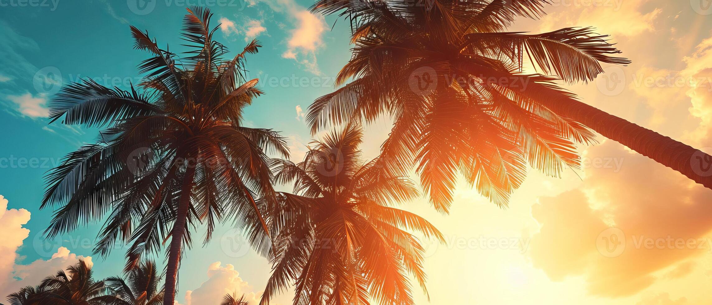 AI generated Transport yourself to a serene oasis with this vintage-inspired image capturing the beauty of palm trees against a backdrop of a stunning sunset photo