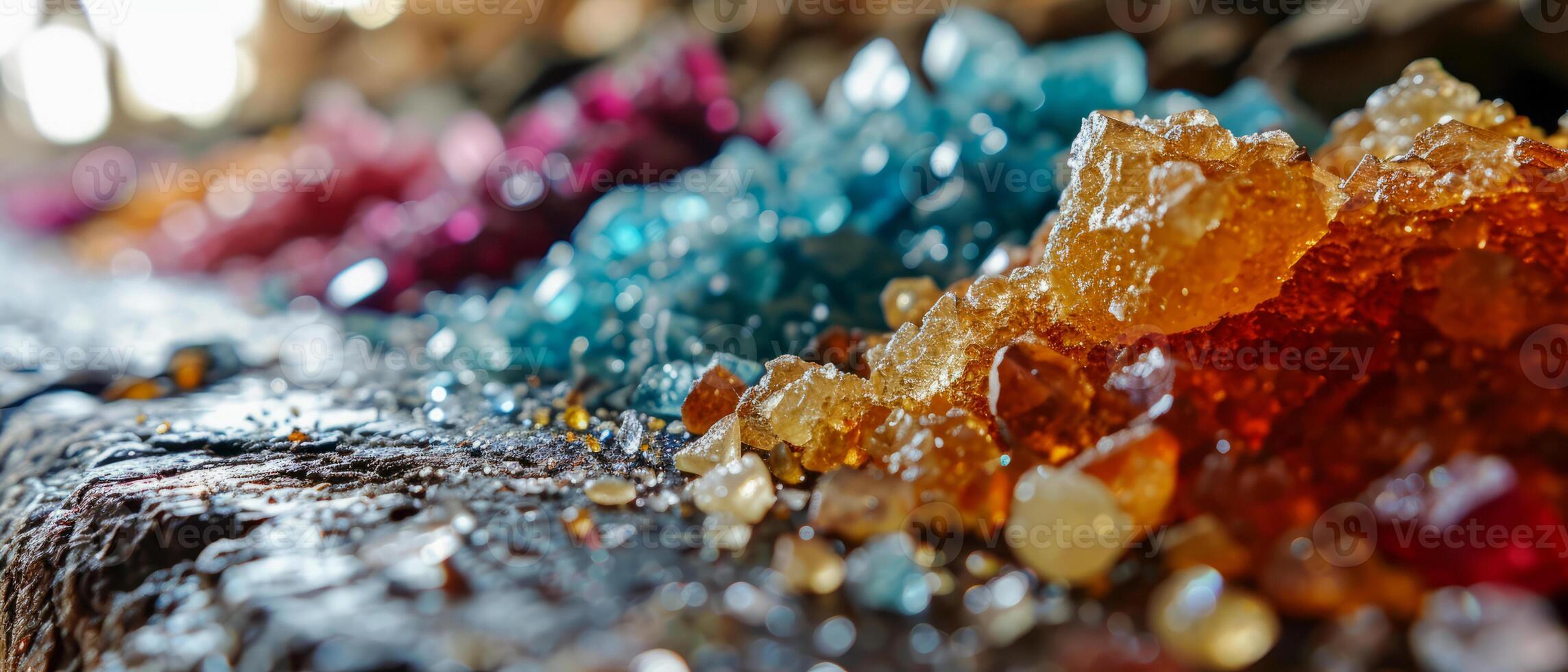 AI generated A vibrant array of colored crystal sugars in close detail, sparkling under sunlight photo