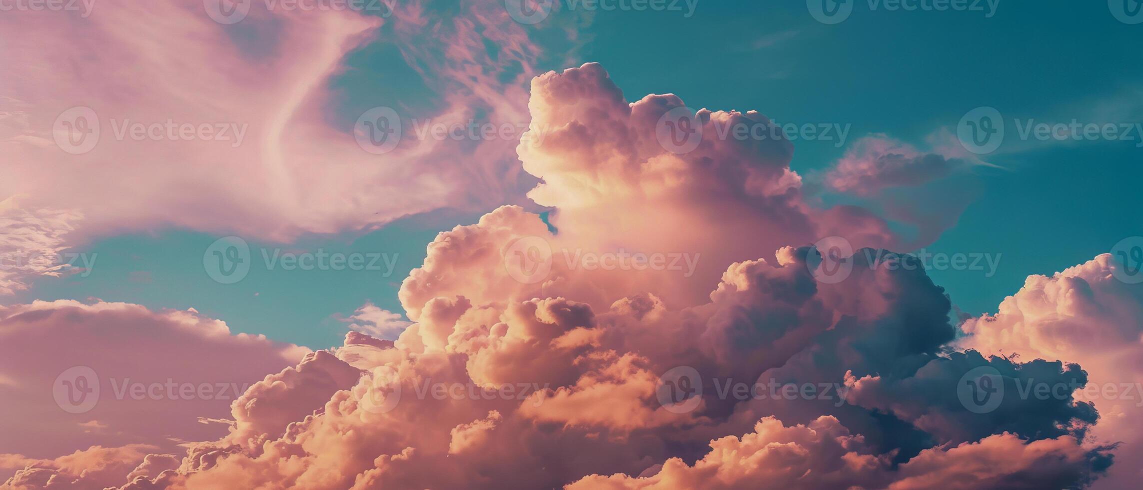 AI generated Pastel Pink Clouds at Sunset Sky. Soft pastel pink and blue hues paint a tranquil sunset sky with billowing cloud formations photo