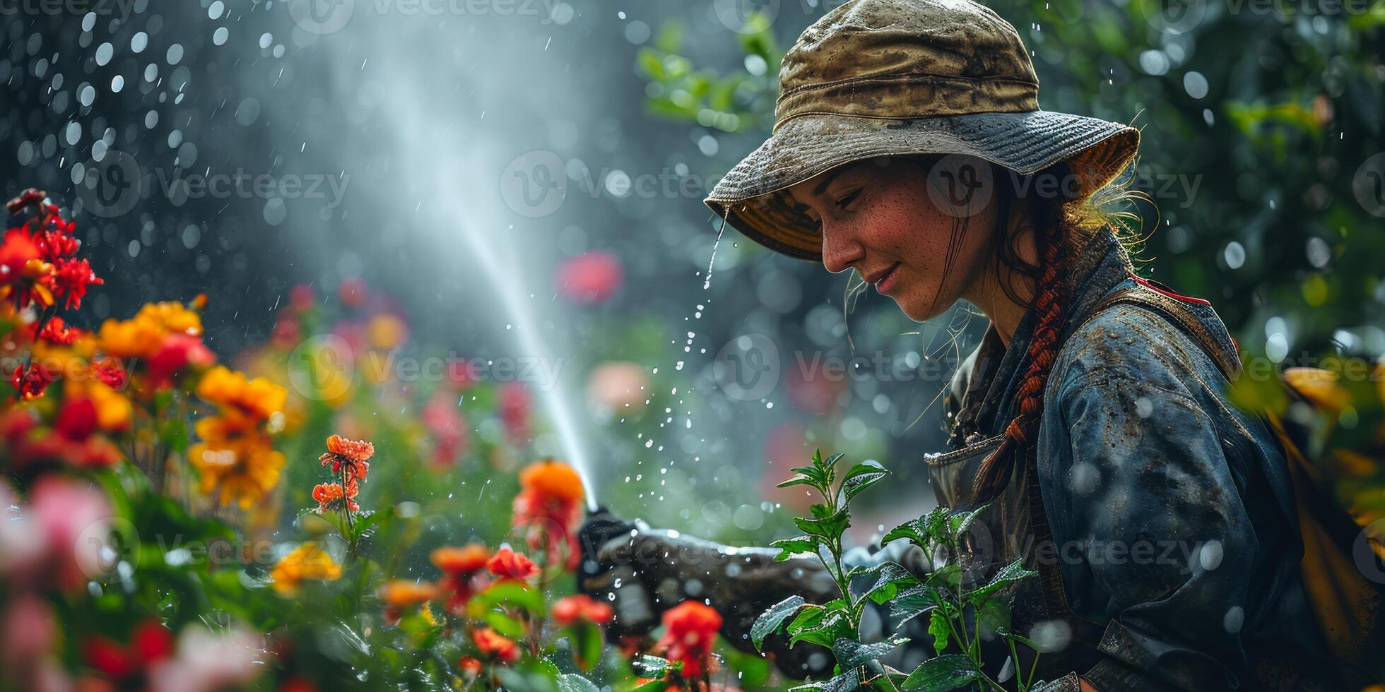 AI generated Rainy Day Gardening Florist Tending to Blooms. Gardener in rain showers tenderly caring for vibrant flowers photo