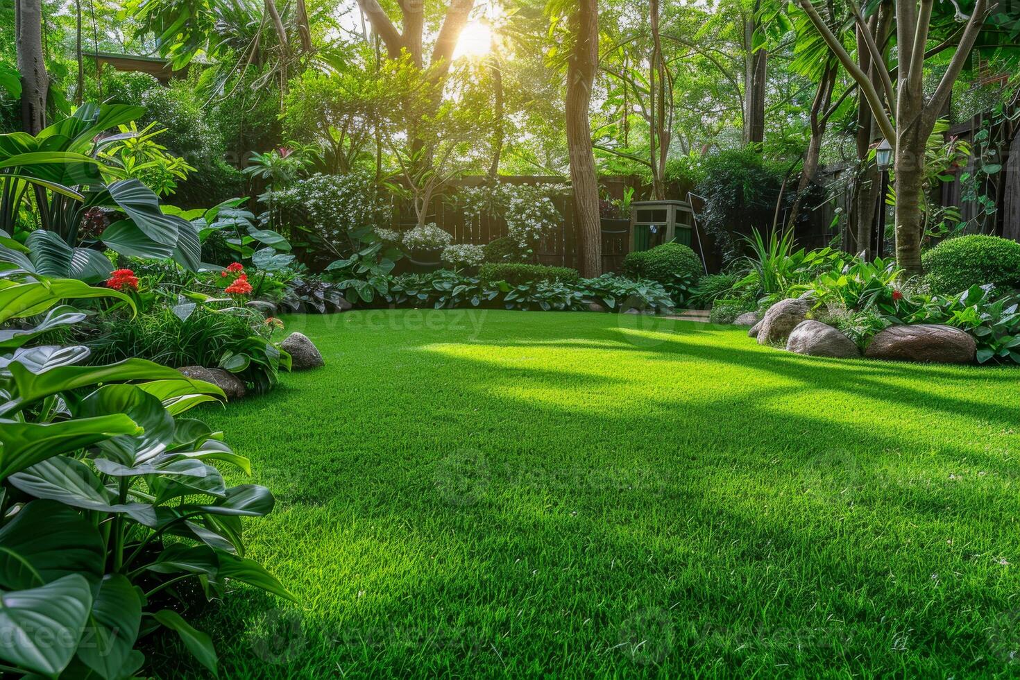 AI generated A tranquil backyard garden, lush with greenery and dappled sunlight, offers a peaceful retreat with its well-kept lawn and vibrant plant life photo