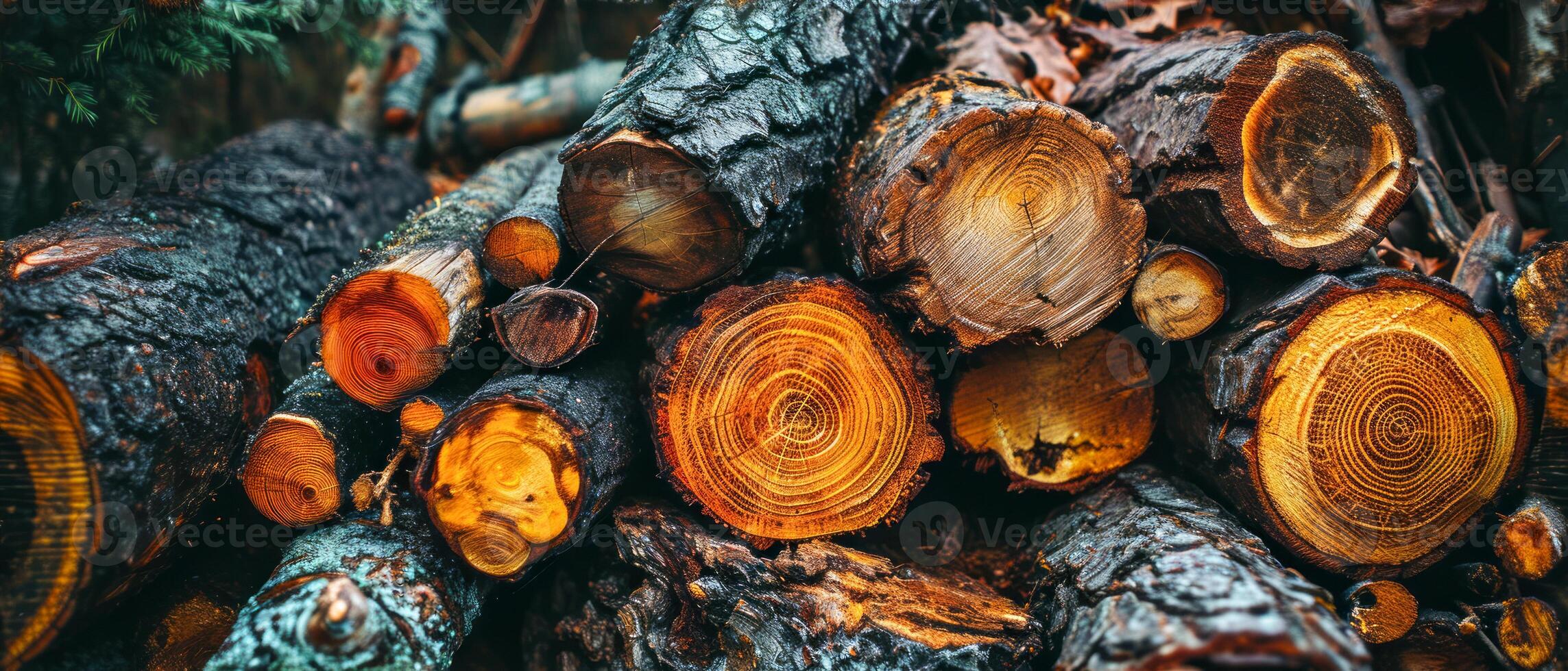 AI generated Close-up view of stacked wood logs, highlighting the intricate patterns of tree rings and textures photo