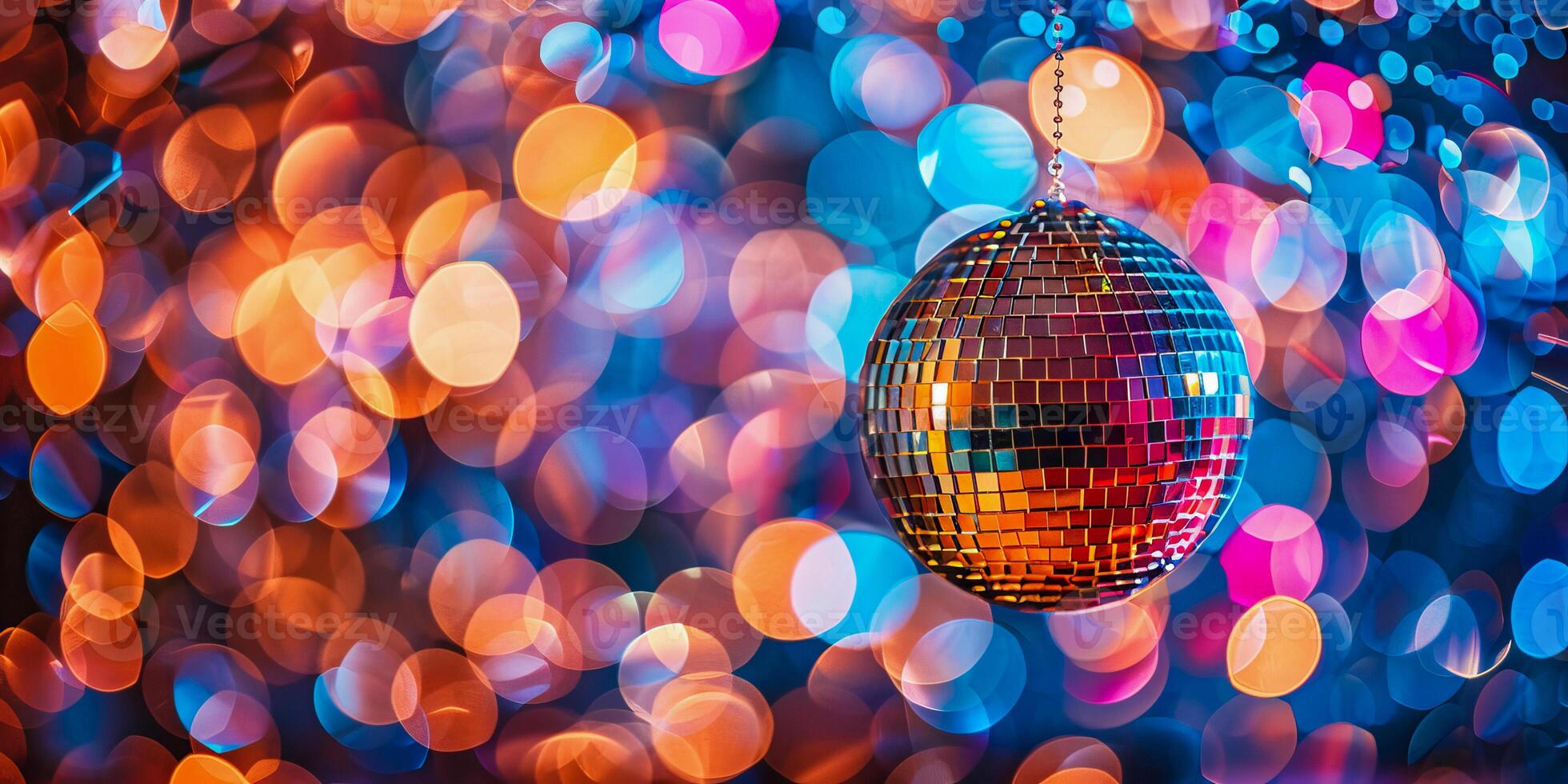 AI generated Sparkling mirror ball against a backdrop of multicolored light spots, giving a feel of a dance floor or celebration photo