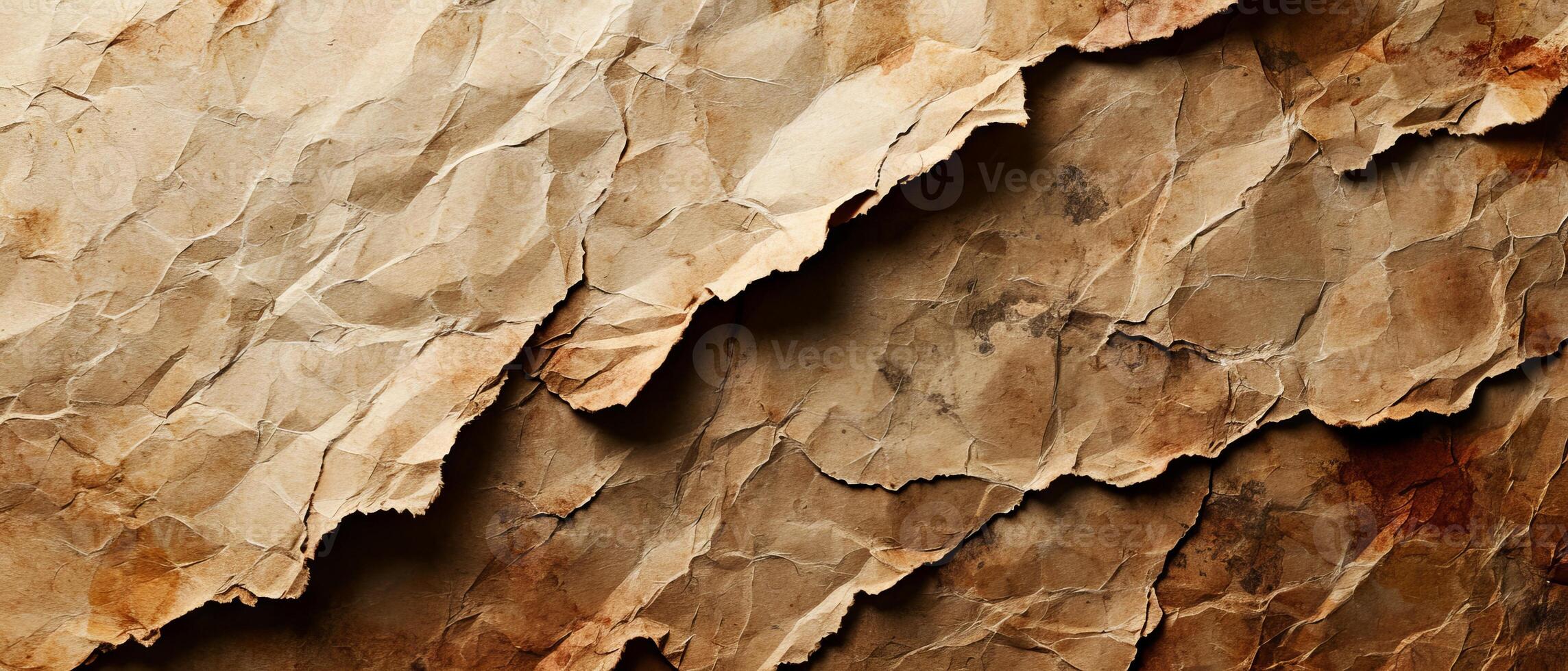 AI generated Close-up of grunge old paper texture with cracks and creases photo