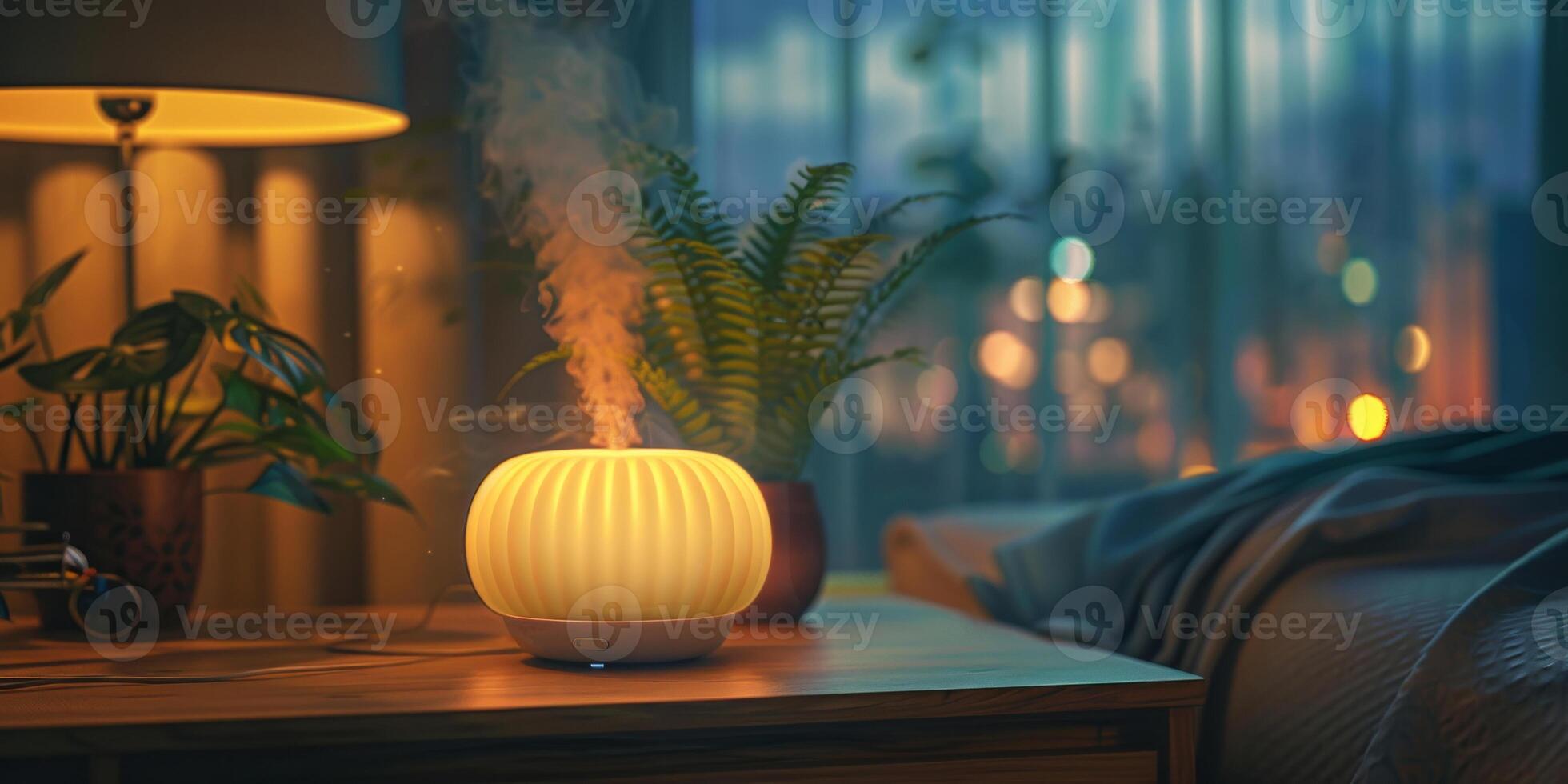 AI generated A serene bedroom setting at twilight, with a humidifier aroma diffuser glowing warmly beside a potted fern and a steaming cup of tea, evoking a peaceful and relaxing atmosphere photo