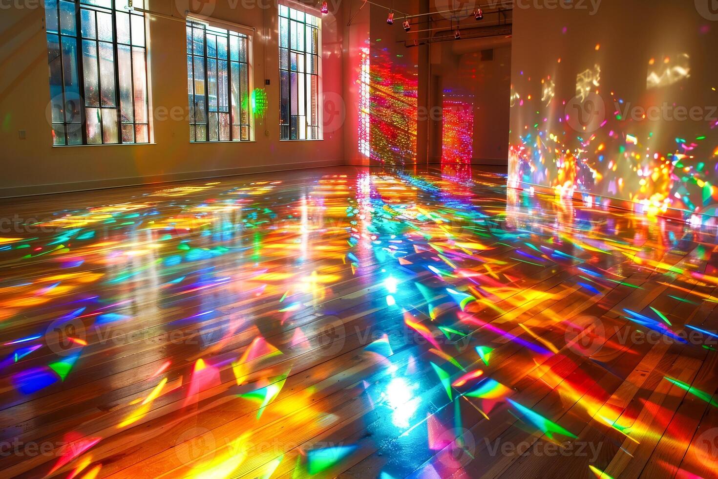 ai generado vívido arco iris ligero patrones danza a través de el de madera piso de un habitación, creado por luz de sol filtración mediante de colores vaso ventanas foto