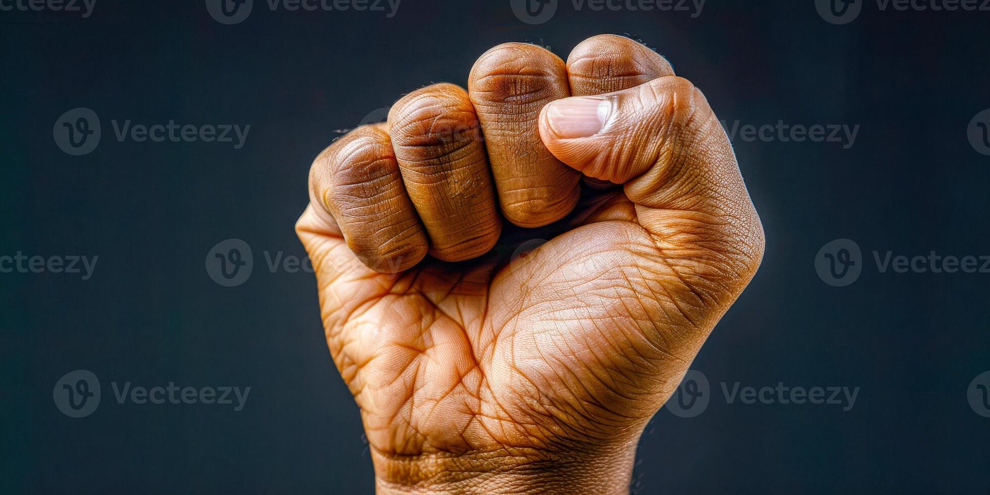 AI generated A strong and powerful image of a person raising their fist in the air, symbolizing defiance and protest. The gesture exudes empowerment and determination photo