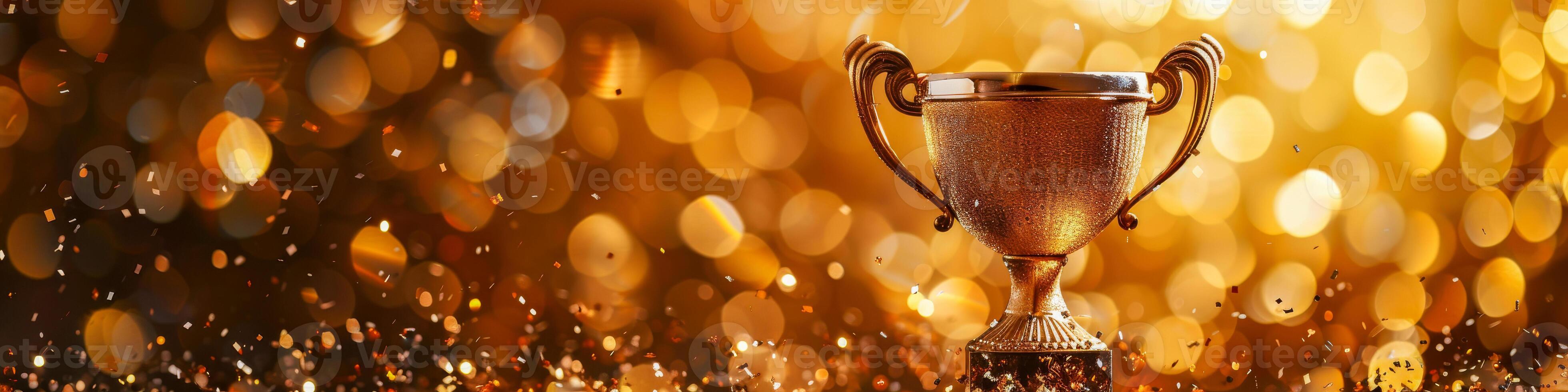 AI generated A golden trophy with delicate handles is placed prominently on top of a table, exuding a sense of achievement and success in a competitive environment photo