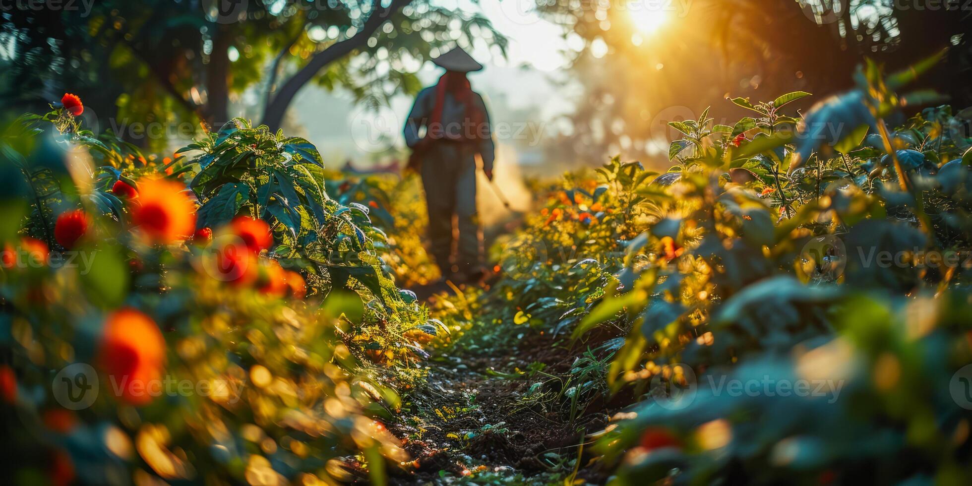 ai generado granjero pulverización orgánico pesticidas en flor jardín. trabajador en protector engranaje meticulosamente tiende a vibrante floraciones a puesta de sol foto