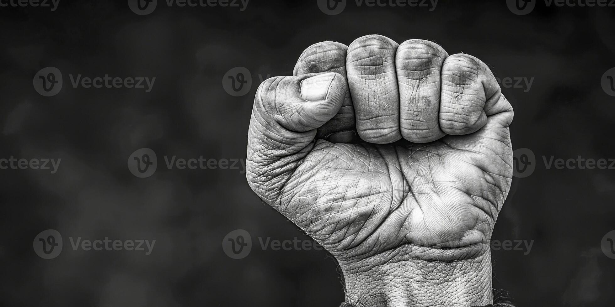 ai generado esta negro y blanco foto capturas un poderoso puño apretado estrechamente. el contraste Entre ligero y oscuro Destacar el fuerza y determinación transportada por el apretado mano