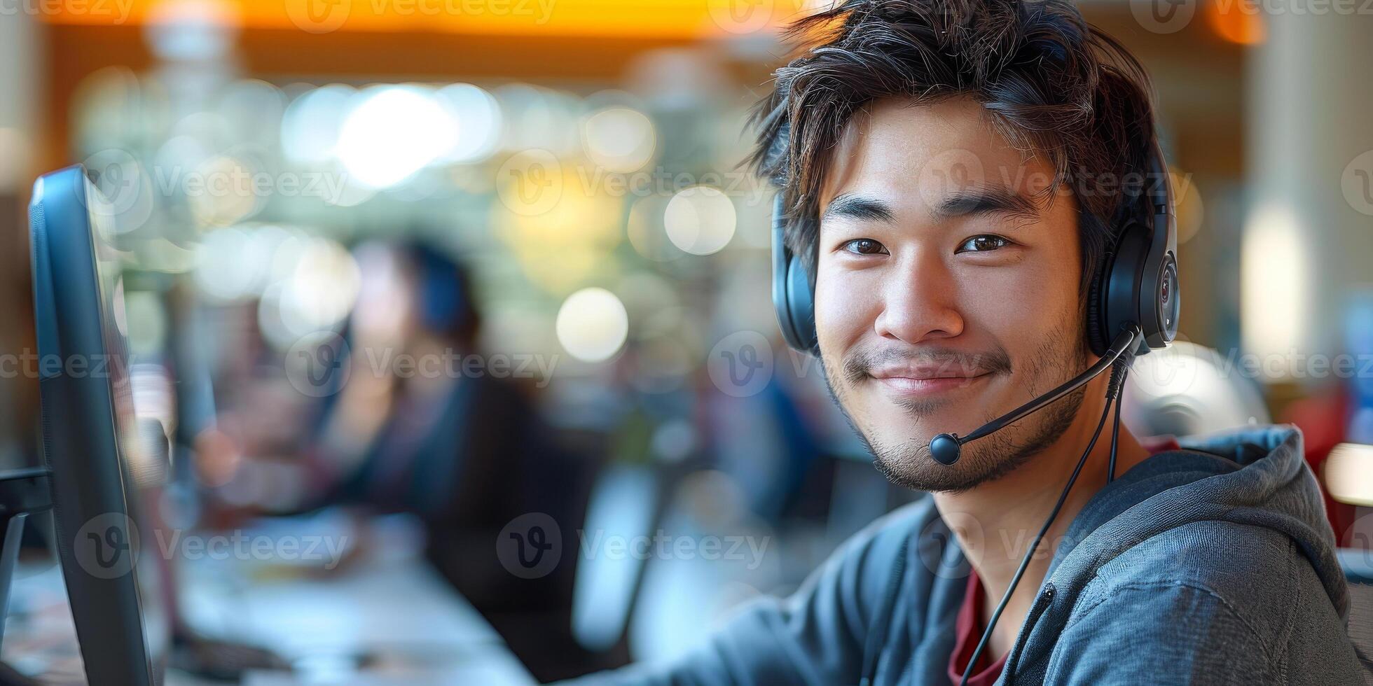 AI generated An asian engaging customer service representative, a man wearing a headset, sitting in front of a computer monitor, focused on his work photo