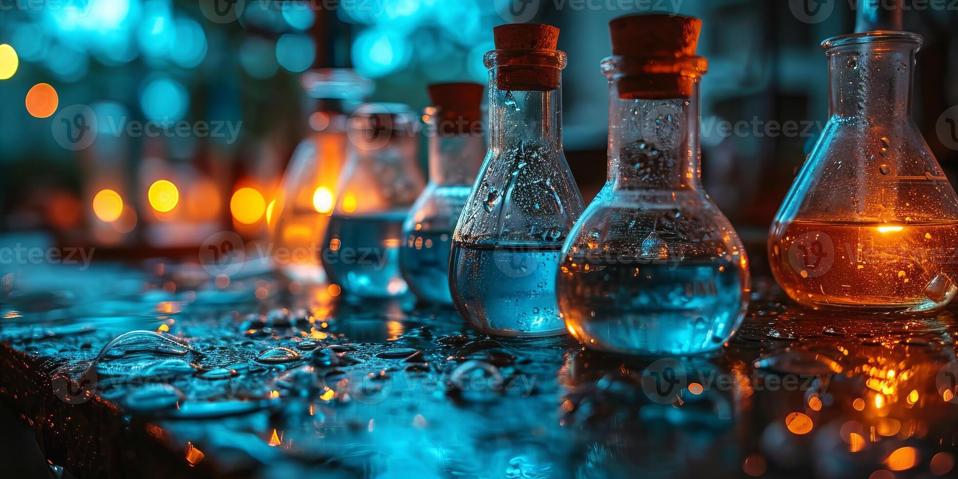 AI generated Scientific glassware containing blue and orange liquids on a reflective wet surface with bokeh lights photo