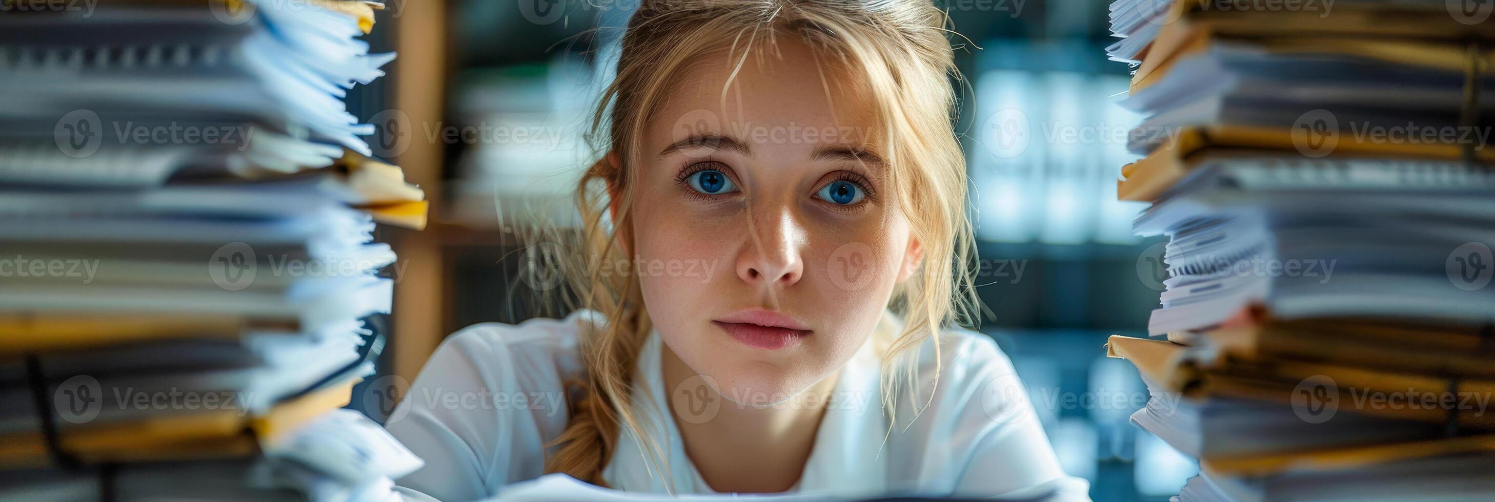 AI generated A young woman with striking blue eyes stands confidently in front of neat stacks of files, showcasing a sense of professionalism and organization. photo