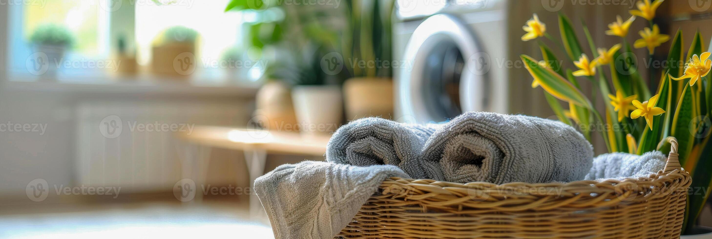 AI generated A stack of towels is neatly arranged on top of a wicker basket placed next to a washing machine in a cozy laundry room setting photo