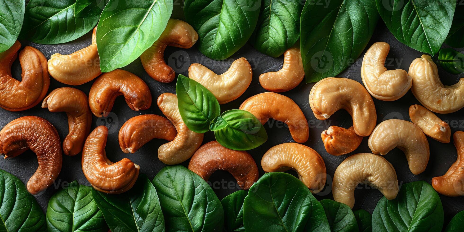 AI generated A collection of cashew nuts sitting on top of fresh green leaves, creating a natural and organic composition. The nuts are scattered haphazardly, adding visual interest to the scene photo