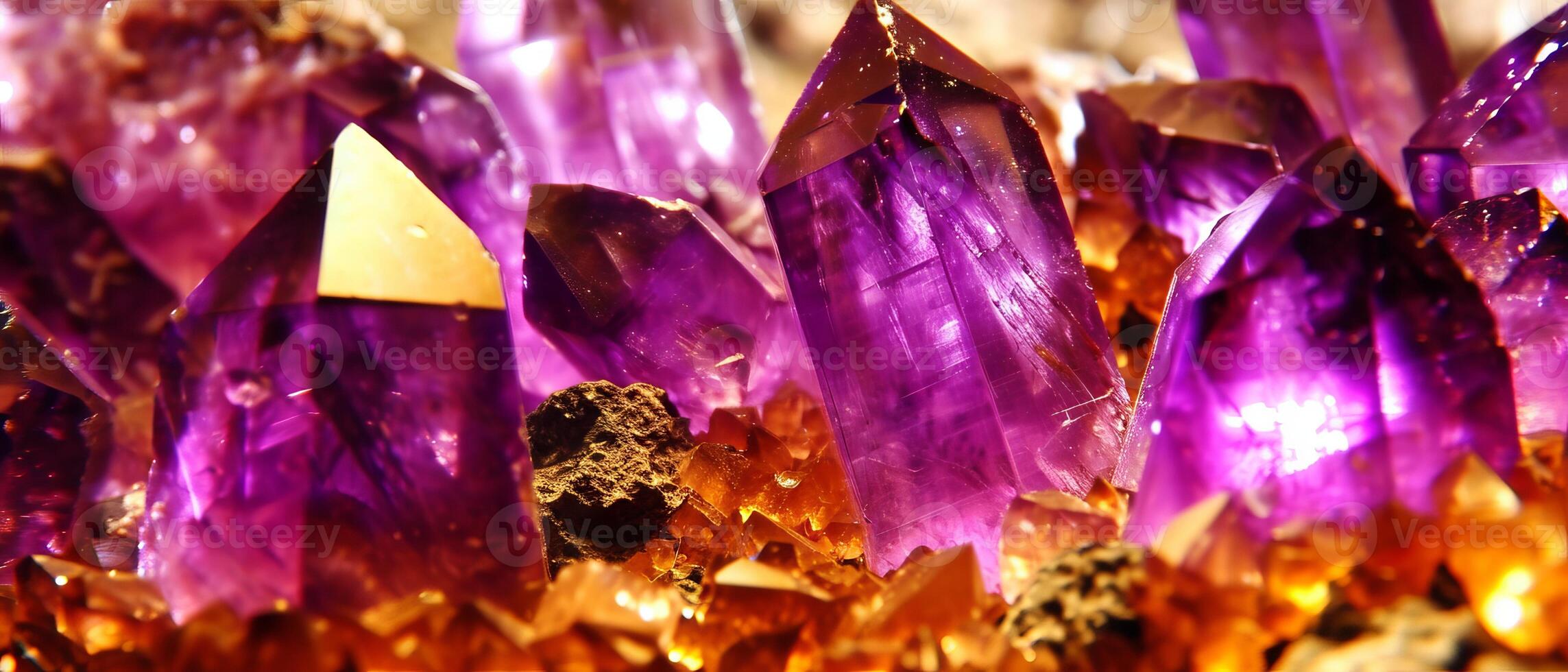 AI generated Macro shot of radiant purple amethyst crystal points with a golden reflection, showcasing natural mineral beauty photo