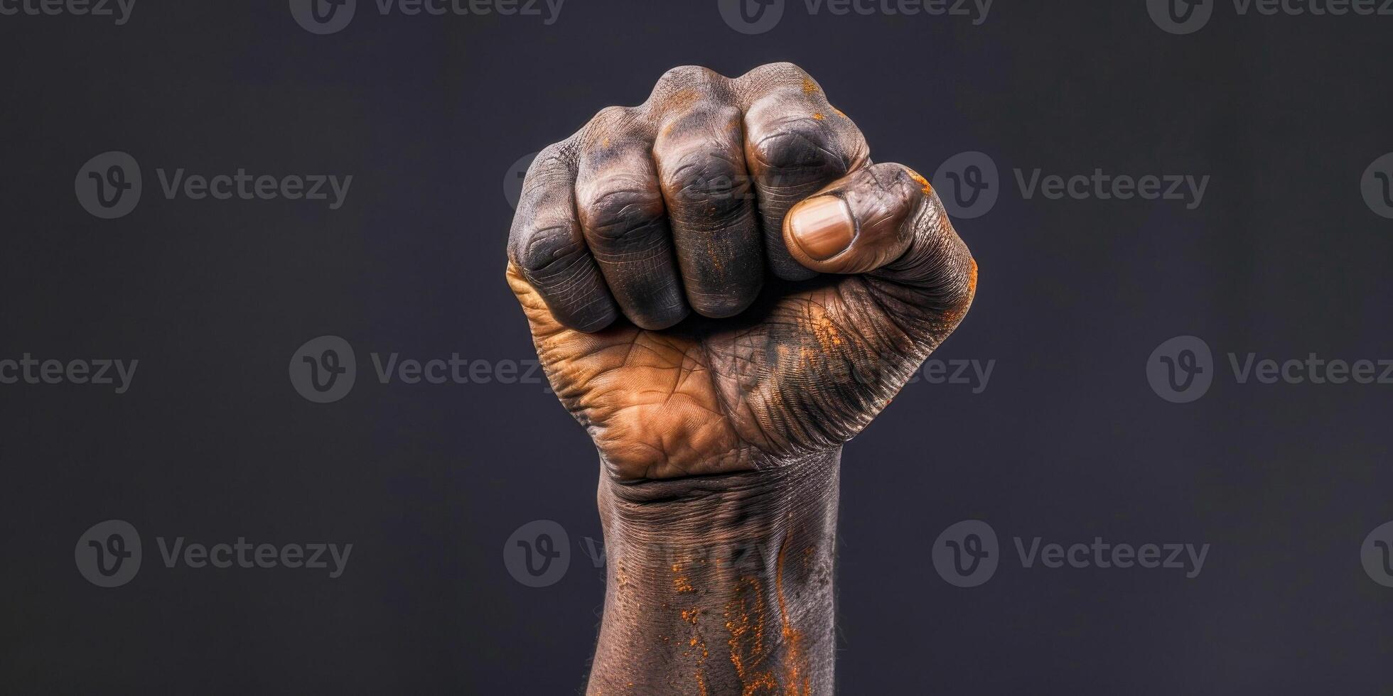 AI generated A photo showcasing a mans clenched fist against a stark black background. The image emphasizes power, resilience, and determination