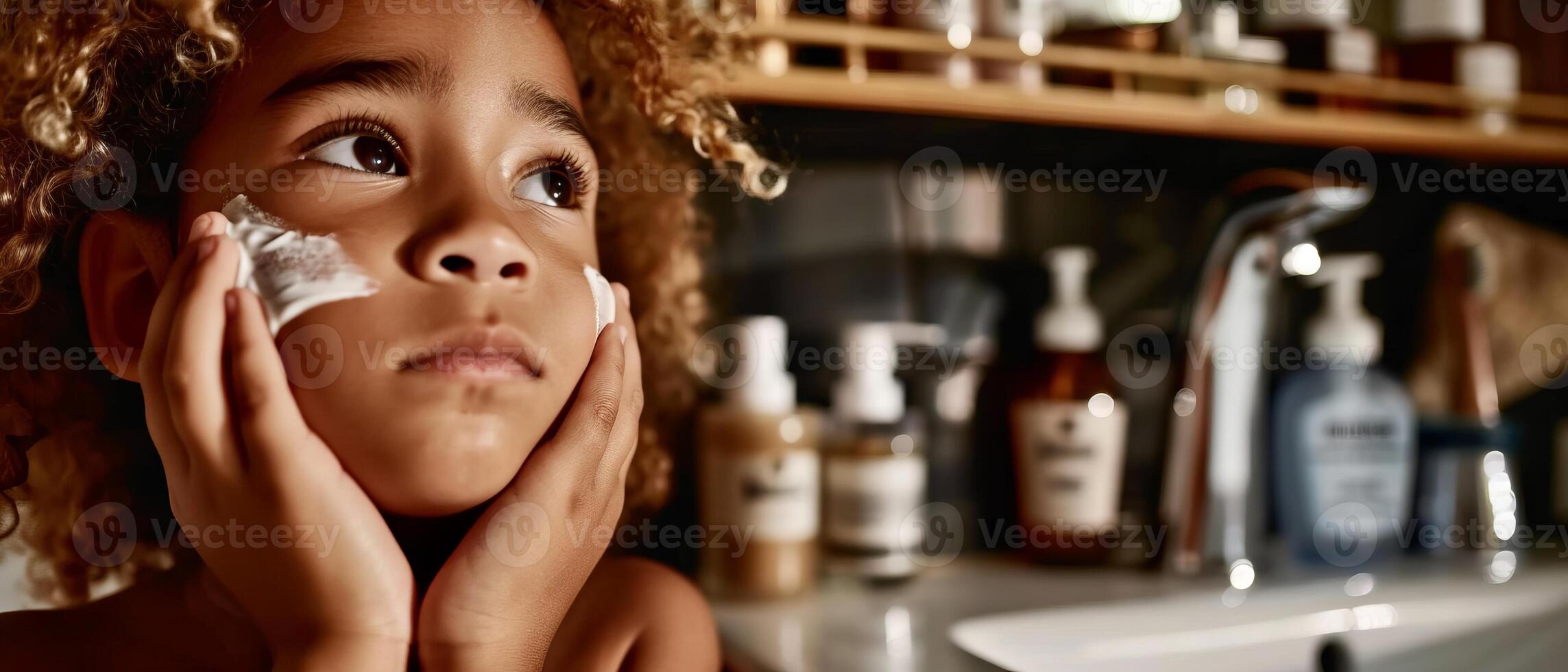 AI generated Curly-haired child with skin care cream on face, thoughtful expression photo