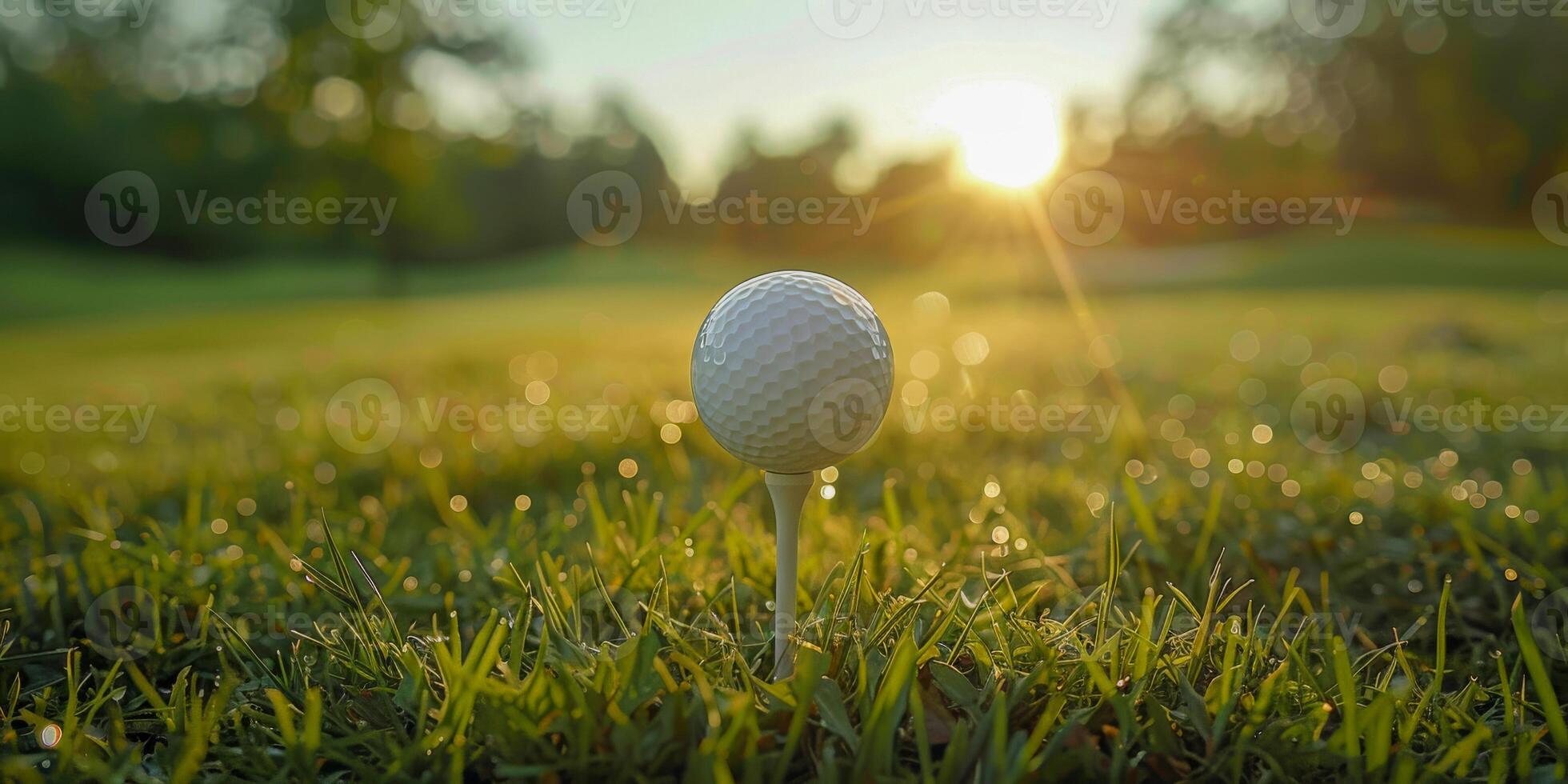 AI generated A pristine white golf ball is teed up on a vibrant green, with the first light of dawn casting a warm glow over the peaceful course photo