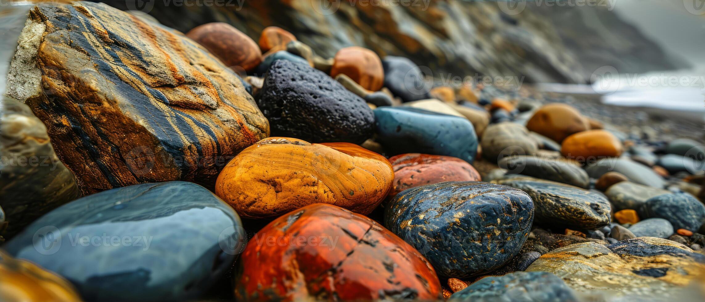 AI generated Colorful Wet Pebbles and Rocks Close-up. A vibrant collection of wet pebbles and rocks in various colors and patterns, glistening with moisture photo