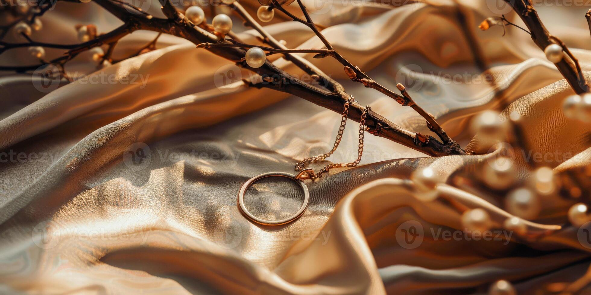 AI generated This close-up photo showcases a classic necklace laid on a textured cloth, highlighting the intricate details and elegance of the jewelry piece