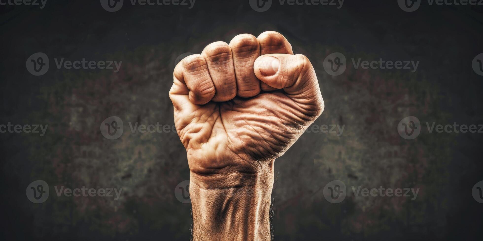 AI generated A strong and powerful image of a person raising their fist in the air, symbolizing defiance and protest. The gesture exudes empowerment and determination photo