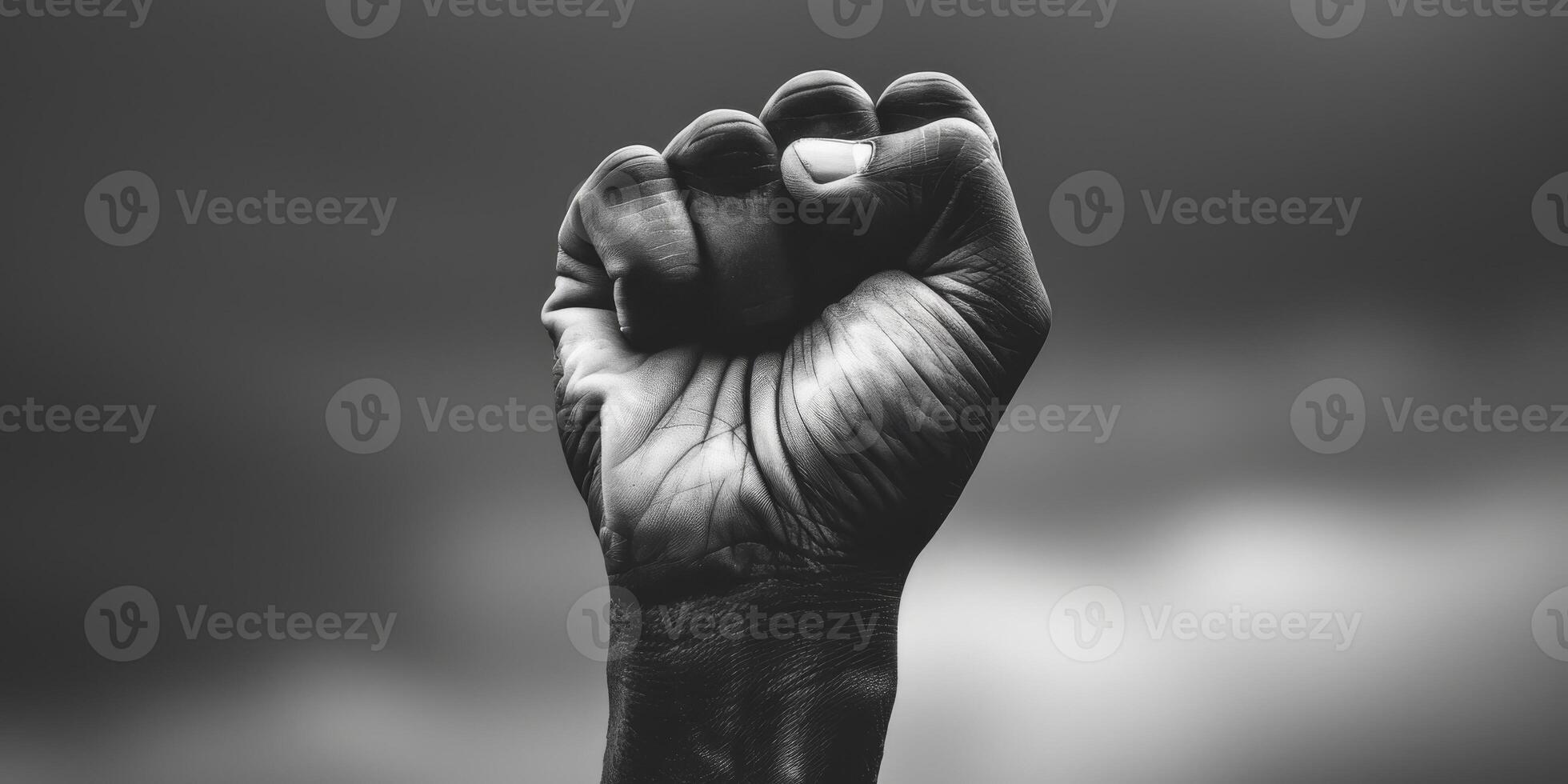 AI generated This black and white photo captures a person raising their fist in a powerful gesture. The image conveys strength, determination, and defiance