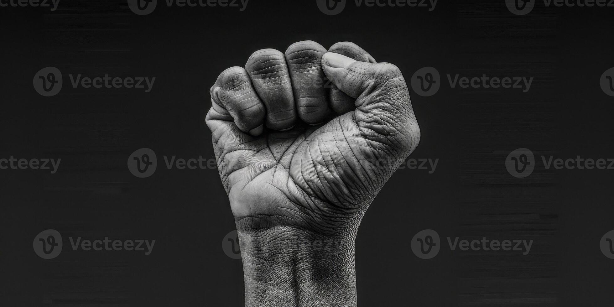 AI generated This black and white photo showcases a powerful fist raised in the air, symbolizing strength and determination. The contrast adds to the impact of the image