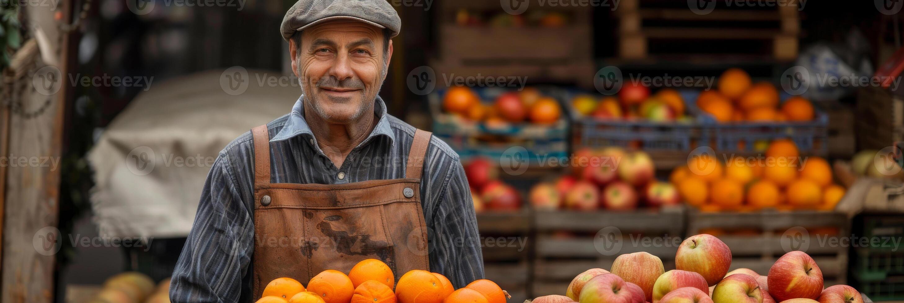 AI generated Elderly Fruit Vendor at His Market Stall photo