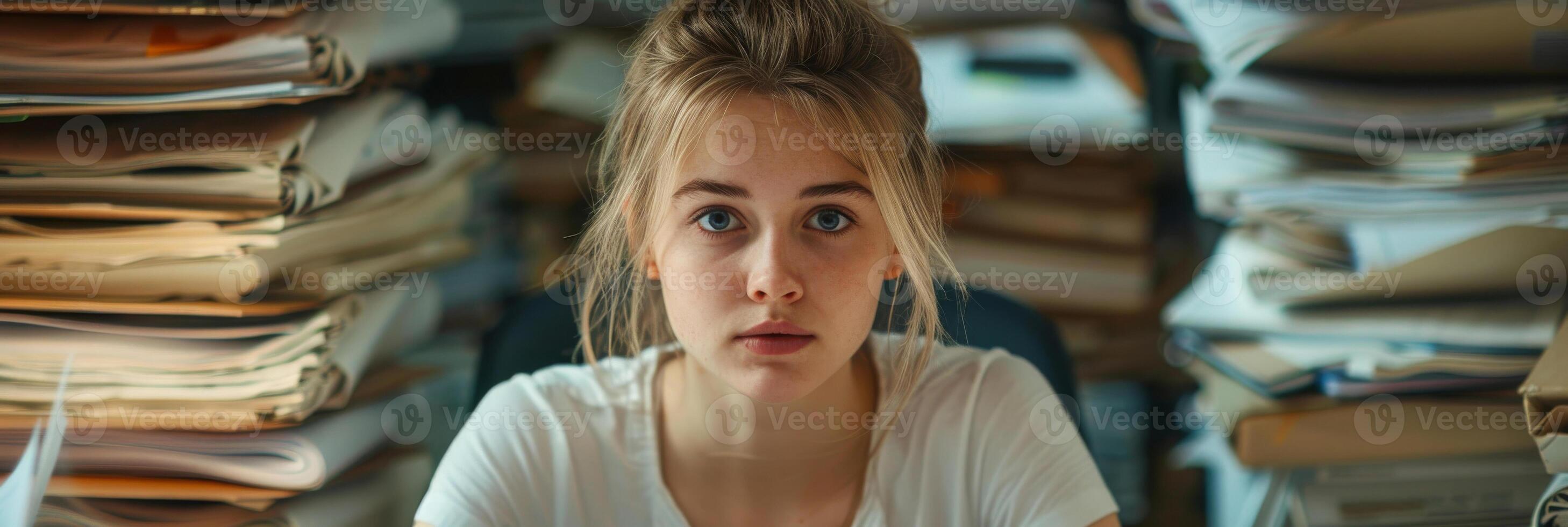 AI generated A young woman with striking blue eyes stands confidently in front of neat stacks of files, showcasing a sense of professionalism and organization. photo