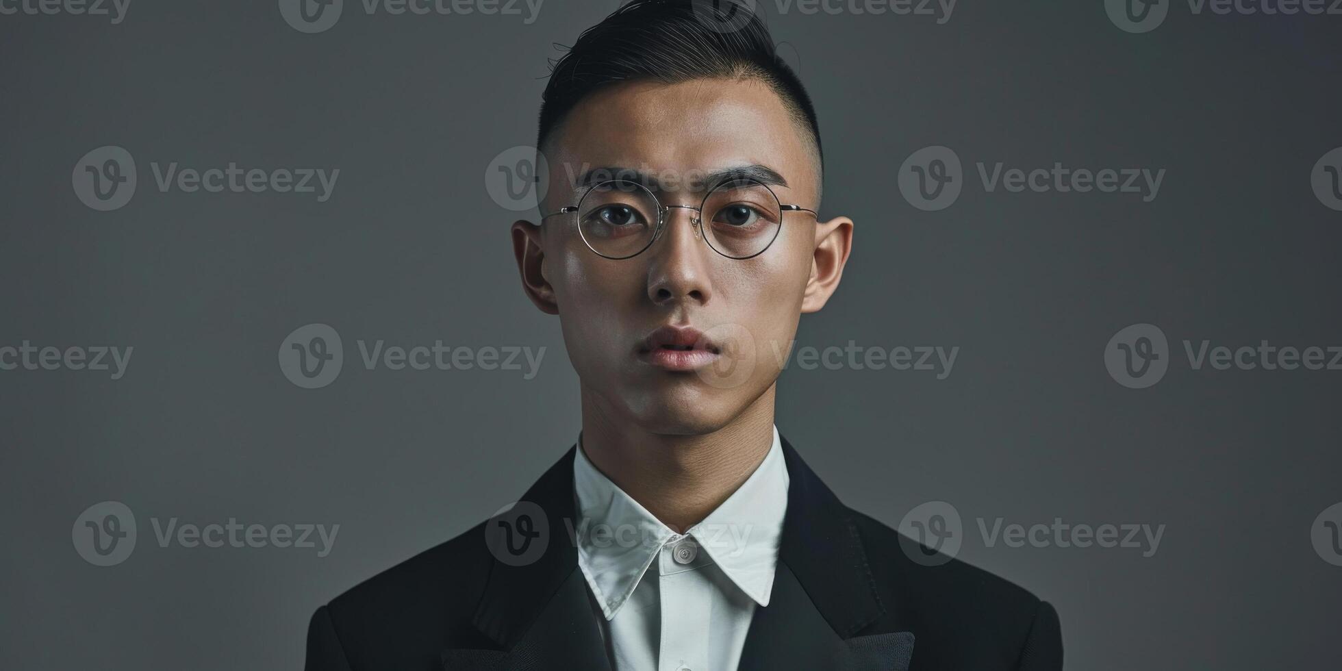 AI generated A professional Asian man wearing a sleek suit, tie, and glasses, exuding confidence and sophistication. His neat haircut adds to his polished appearance photo