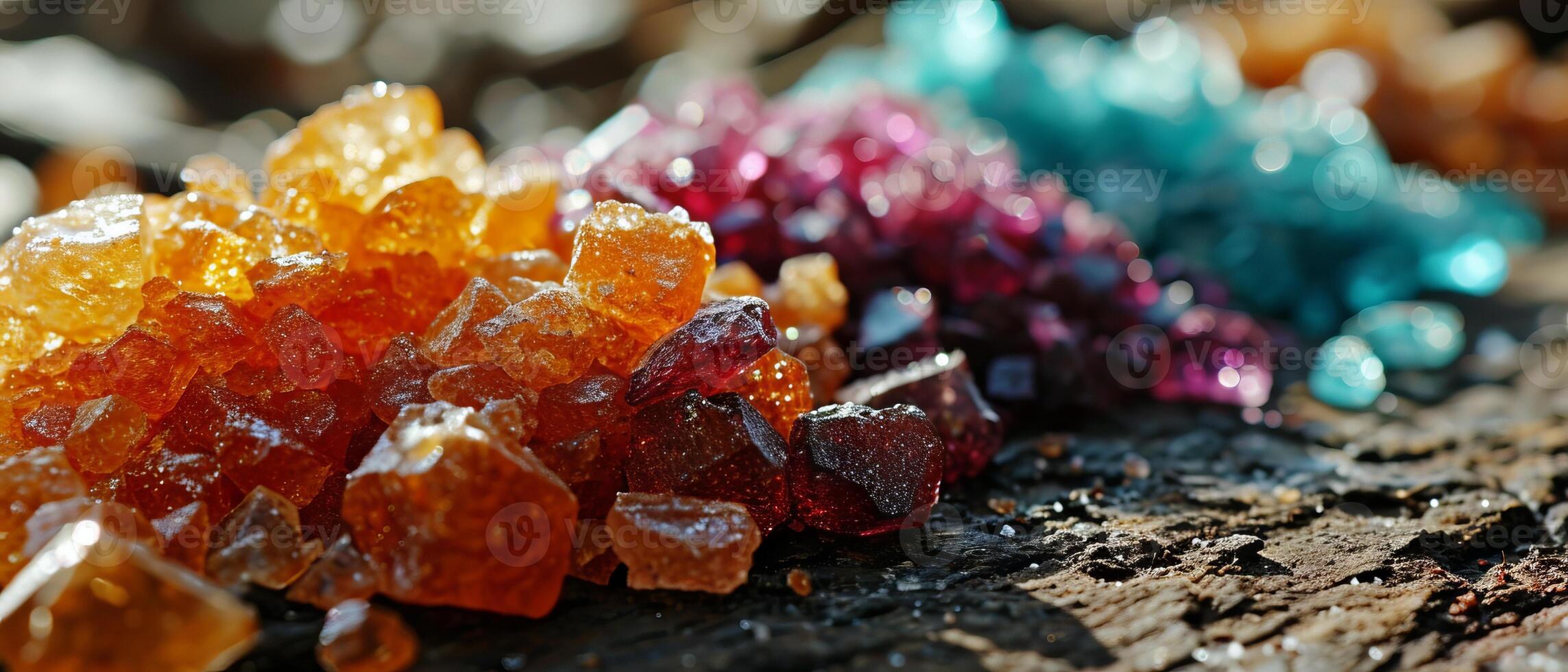 AI generated A vibrant array of colored crystal sugars in close detail, sparkling under sunlight photo