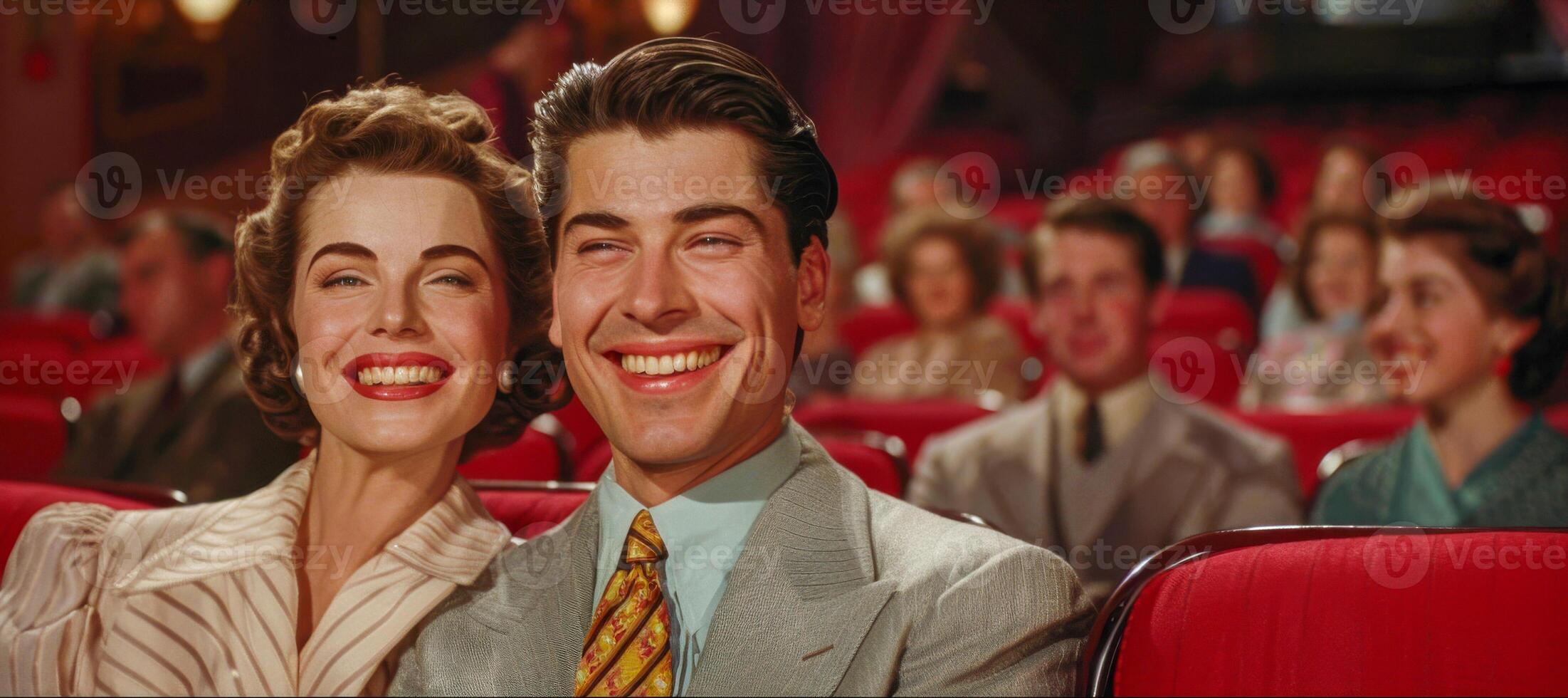 AI generated A charming couple from a bygone era enjoys a cinematic adventure, their beaming smiles capturing the timeless allure of a classic movie date in a theater of red velvet seats photo
