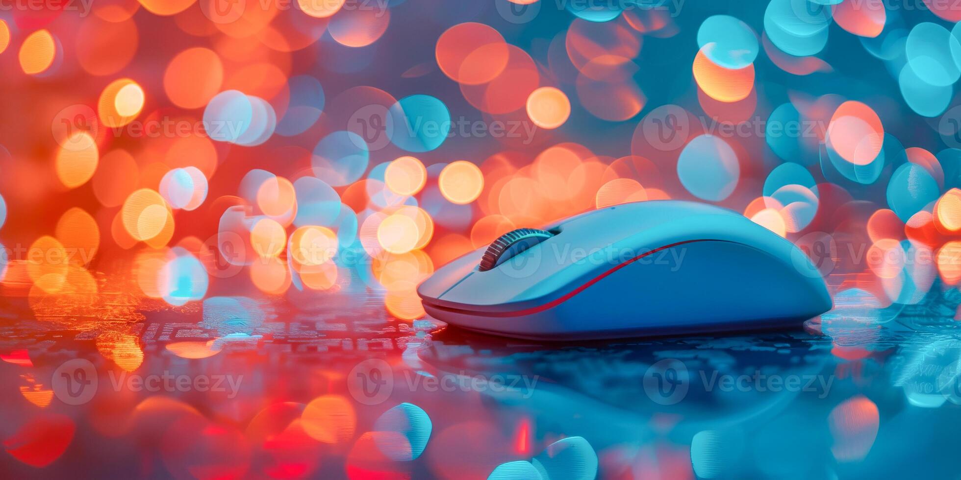 AI generated A modern white computer mouse sits on a glossy surface, illuminated by colorful bokeh light reflections creating a festive atmosphere photo