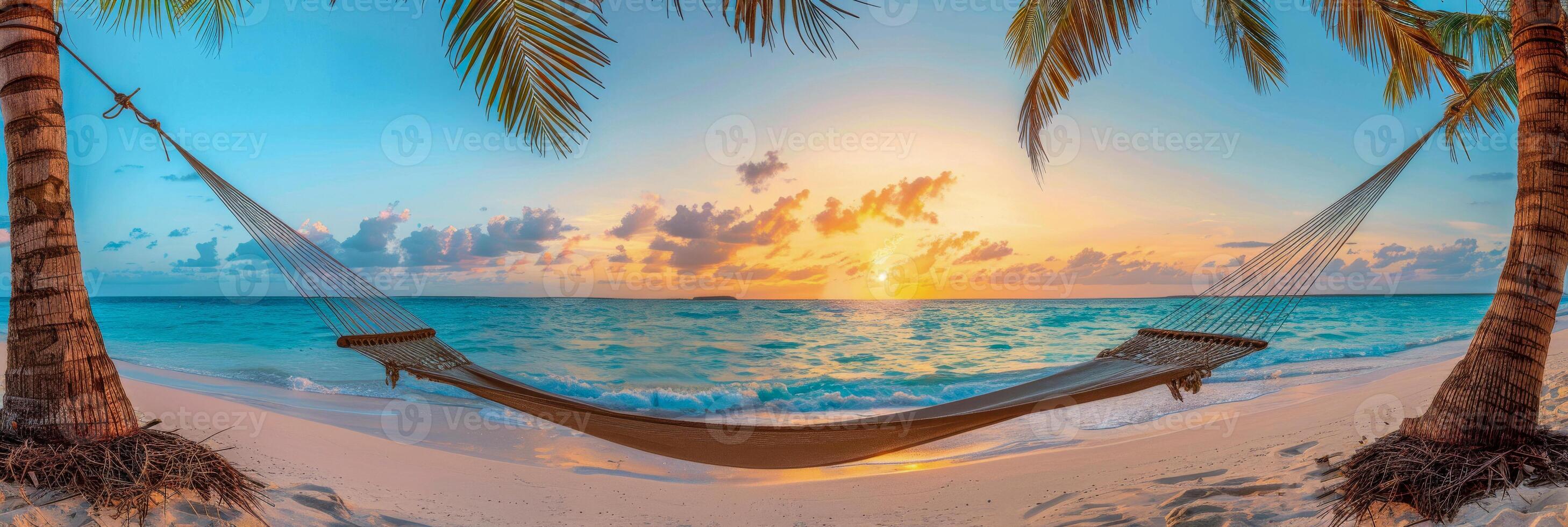 AI generated A painting depicting an inviting hammock strung between two tropical trees on a sandy beach, capturing the essence of relaxation and tropical paradise photo