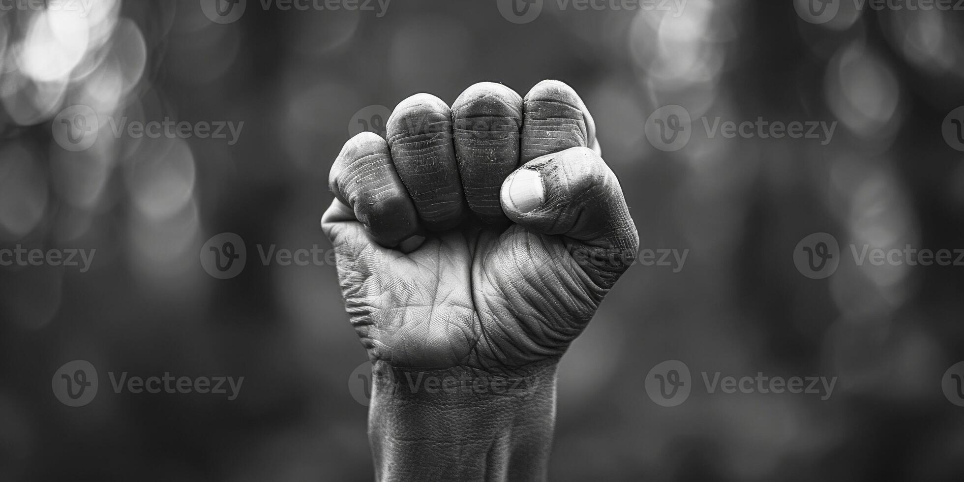 AI generated This black and white photo captures a person raising their fist in a powerful gesture. The image conveys strength, determination, and defiance