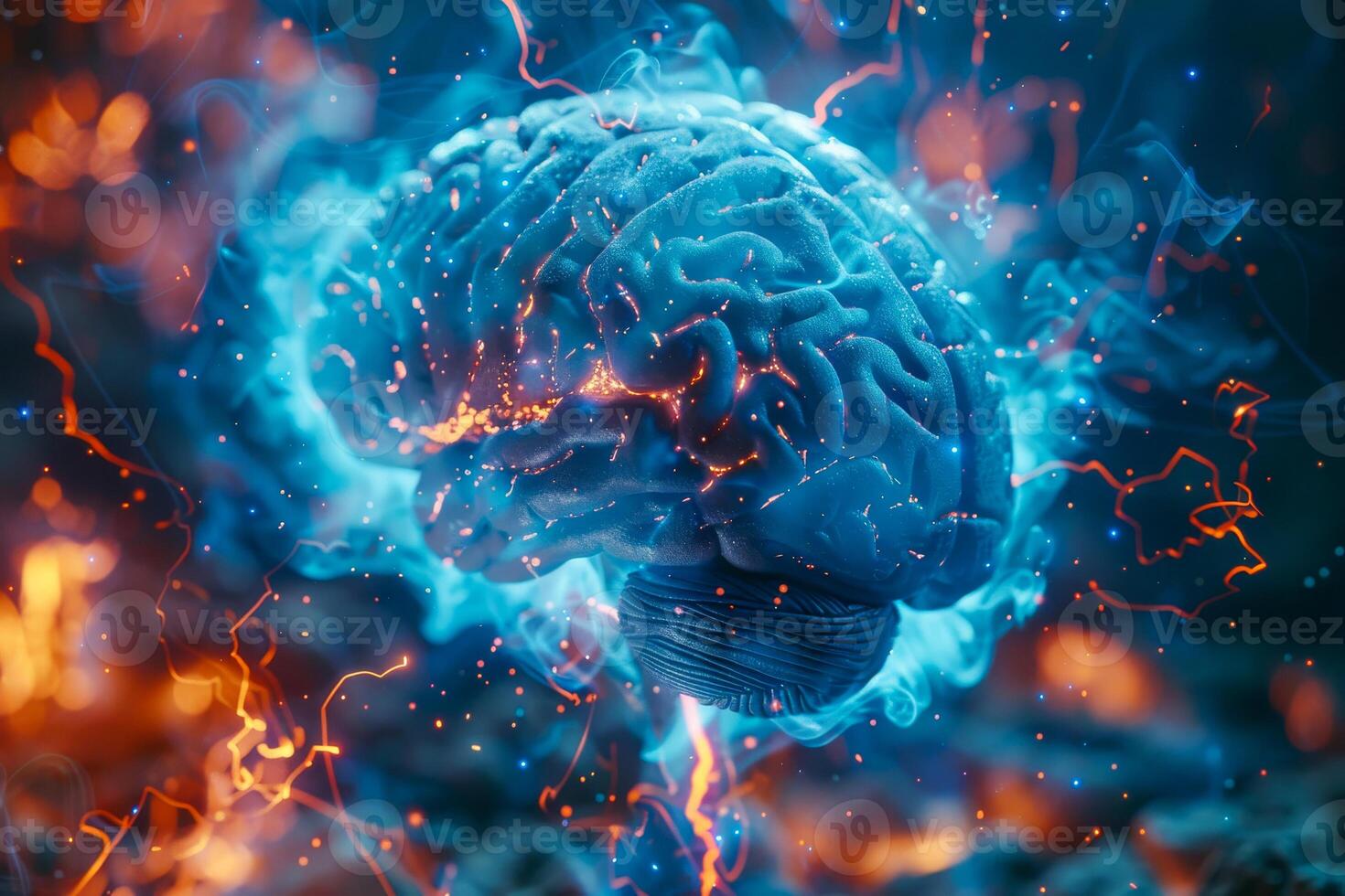 AI generated A vivid 3D illustration of a human brain surrounded by dynamic blue energy currents, symbolizing neural activity and cognitive processes photo