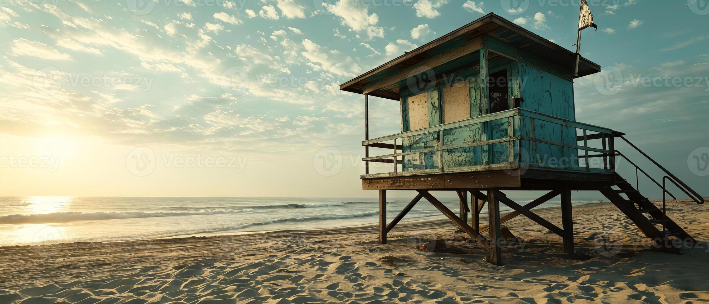 ai generado un solitario Salvavidas torre soportes Guardia terminado un abandonado playa, con dramático tormenta nubes reunión como el Dom conjuntos foto