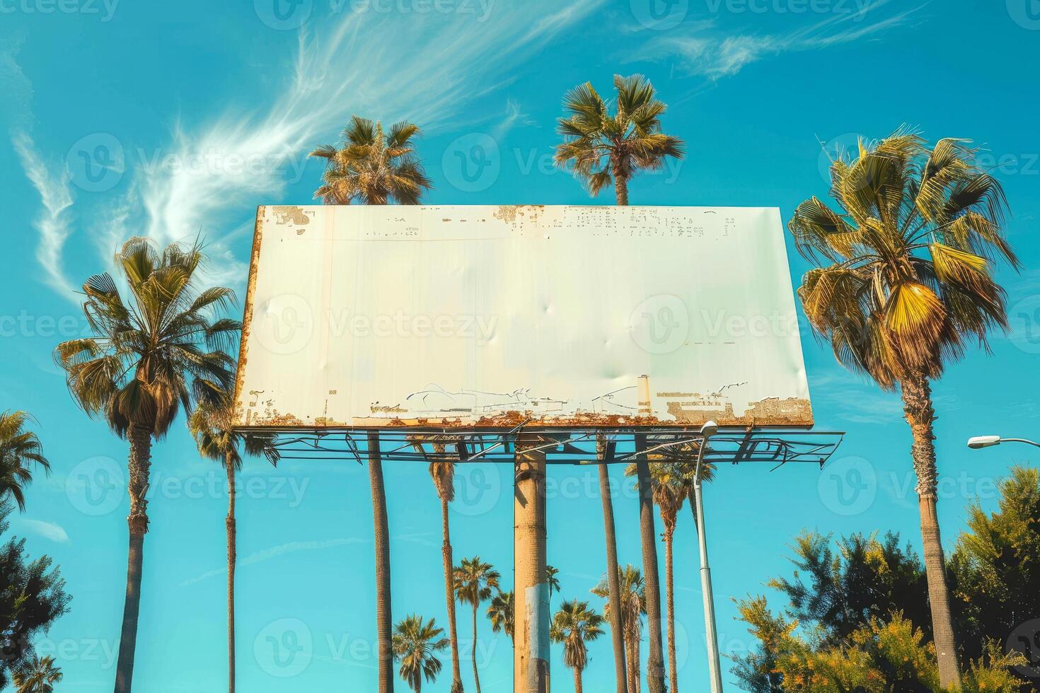 AI generated An empty billboard stands tall under a clear blue sky, flanked by towering palm trees, offering a perfect canvas for advertising photo