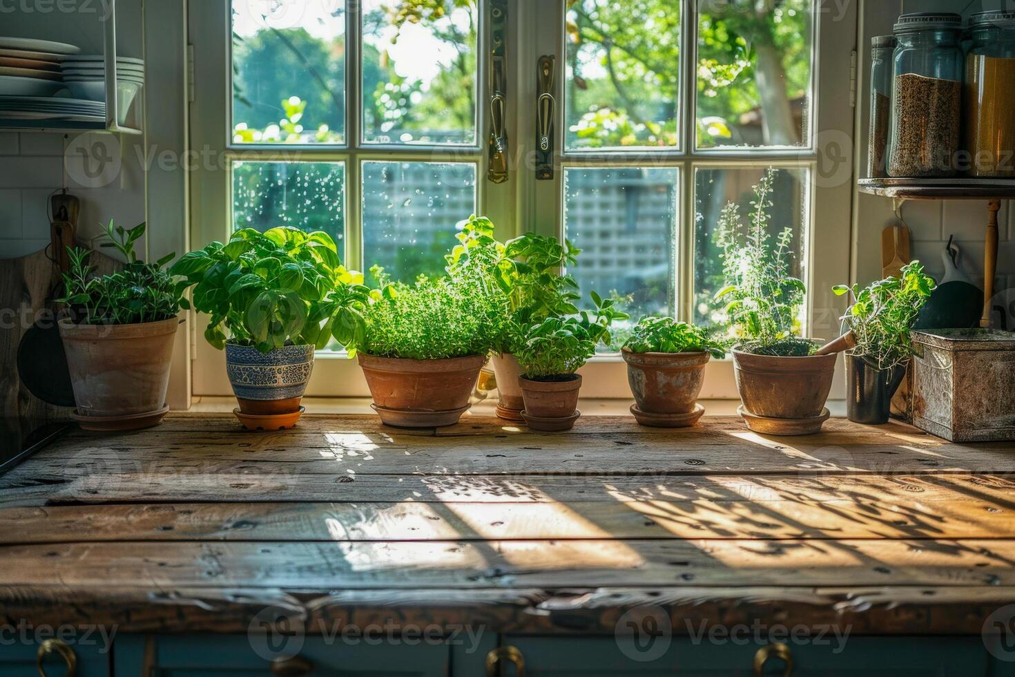 ai generado un rústico de madera mesa en un acogedor cocina ajuste caracteristicas un formación de en conserva hierbas tomando el sol en el luz de sol transmisión mediante un ventana, atractivo un sentido de crecimiento y frescura foto