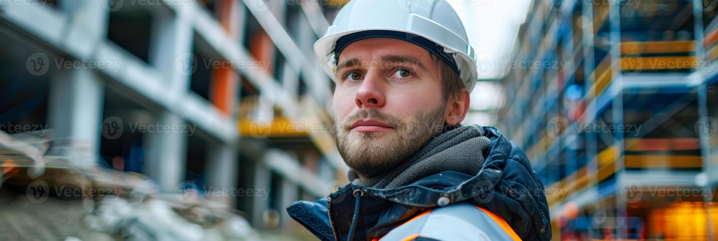 AI generated A serious male engineer wearing a white hard hat stands in front of a building. He appears focused and determined in his inspection of the construction site photo