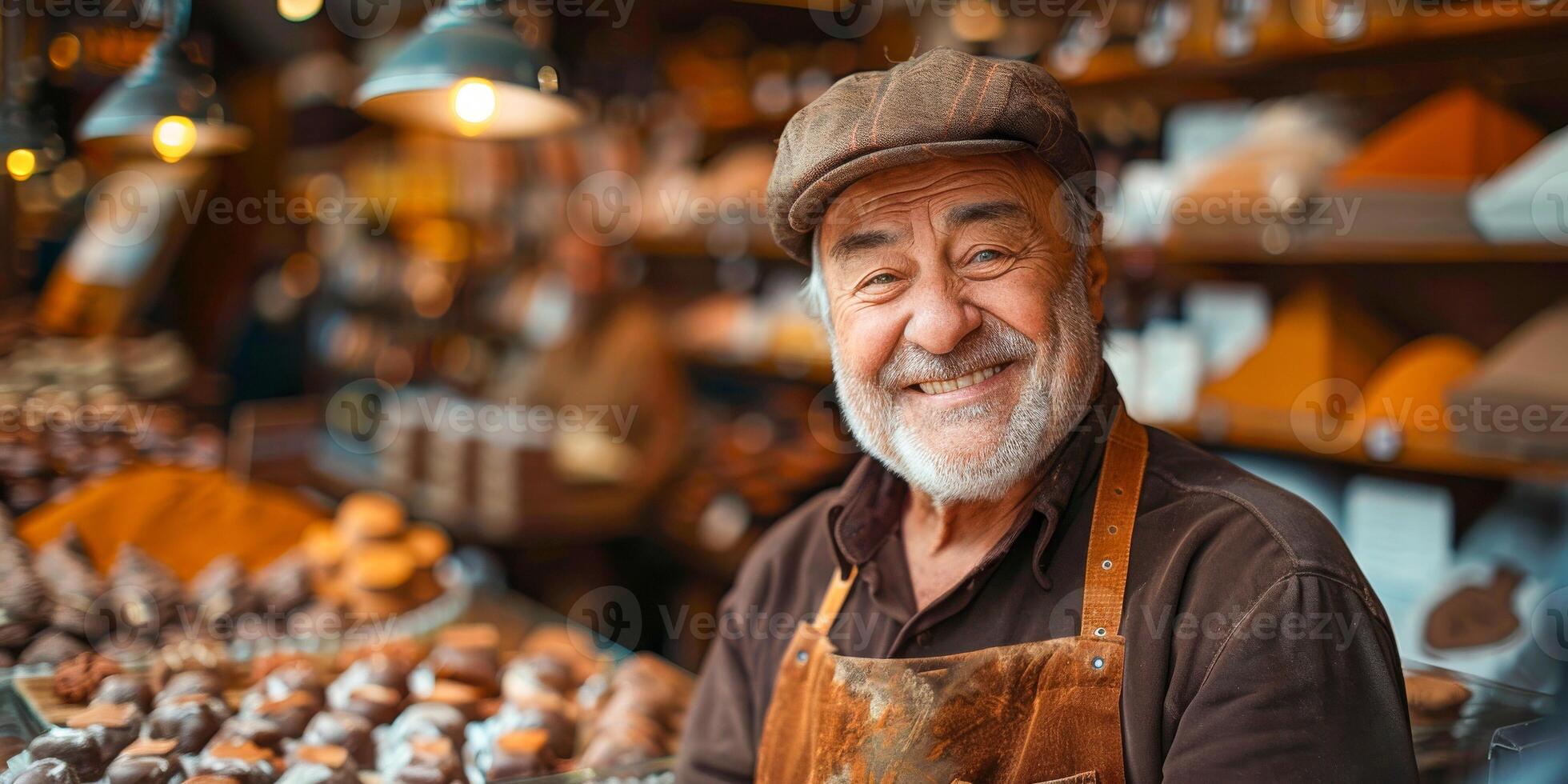 AI generated A man is seen standing confidently in front of a colorful and enticing display of various chocolates in a boutique chocolate shop photo